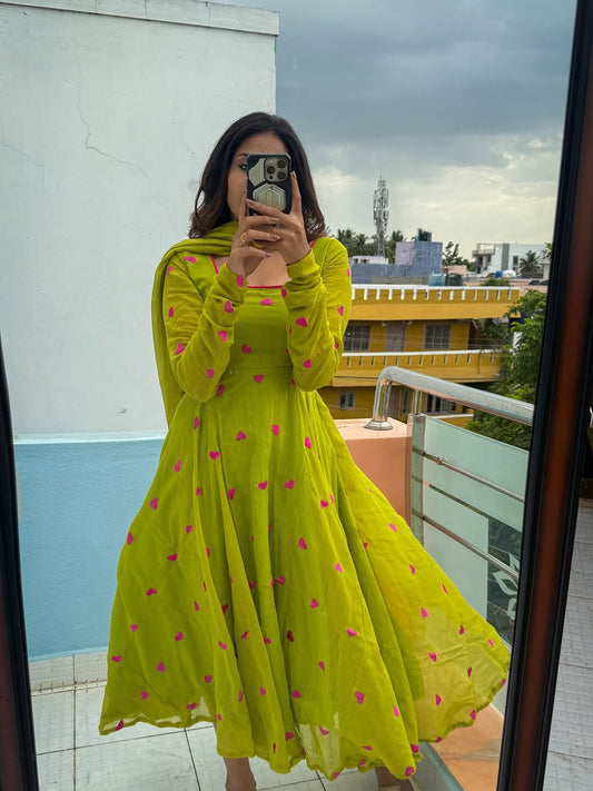 Premium Georgette Silk Umbrella Flair Style Kurti with Dupatta Lace Work