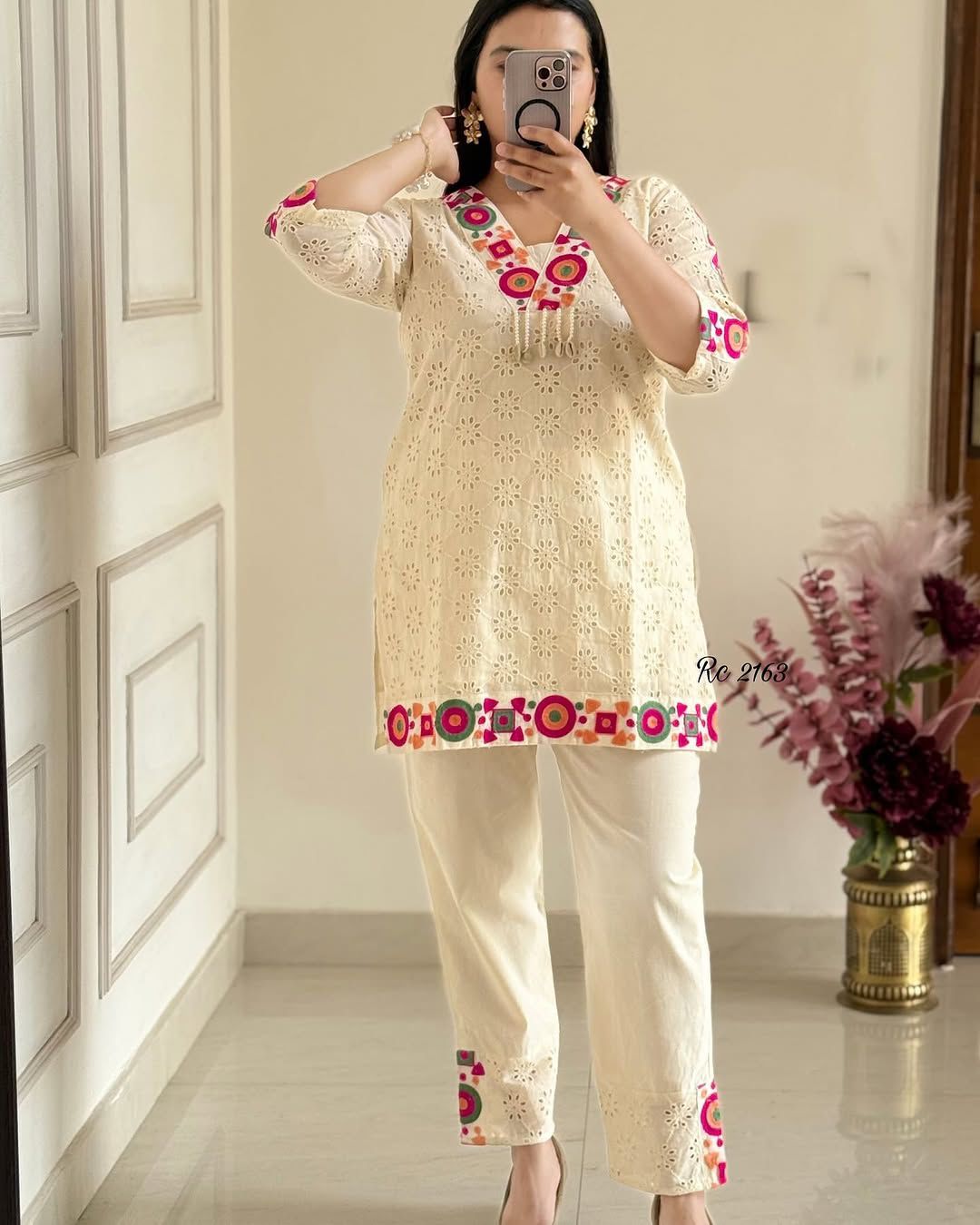 Pure Khadi Cotton Kurta Pant Co-ord With Schiffli and Thread Work