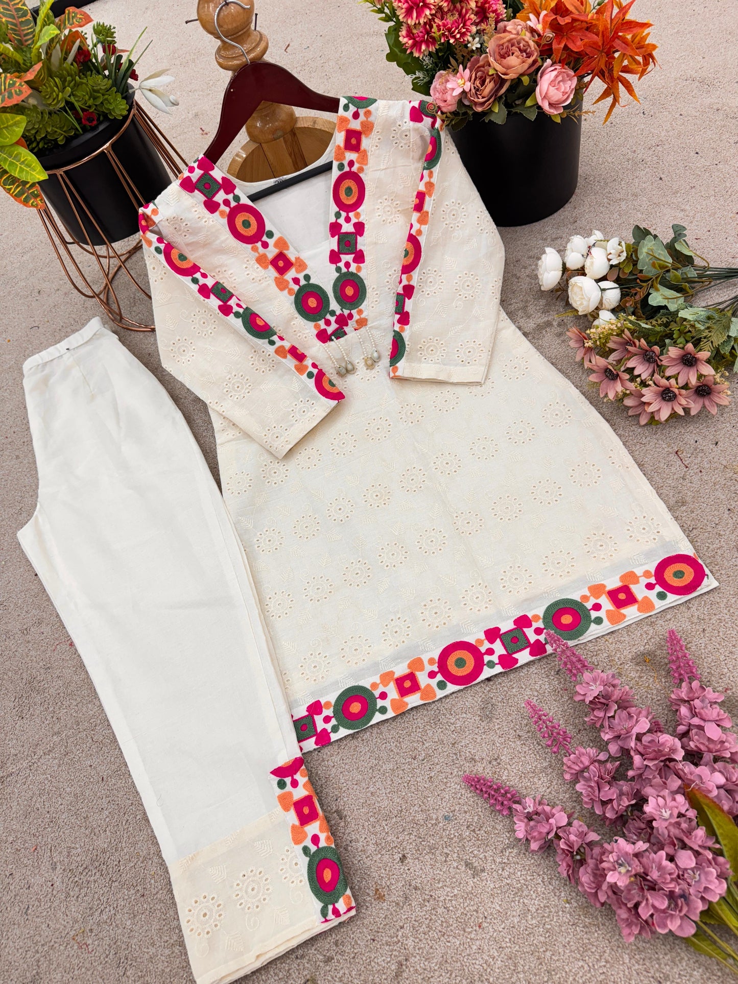 Pure Khadi Cotton Kurta Pant Co-ord With Schiffli and Thread Work