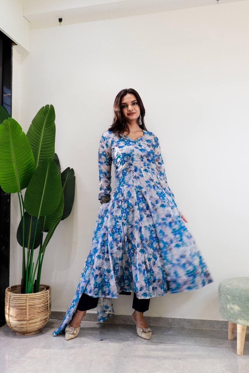 New Stylish Wear Organza Taby Silk Gown Style Kurti With Dupatta & Bottom