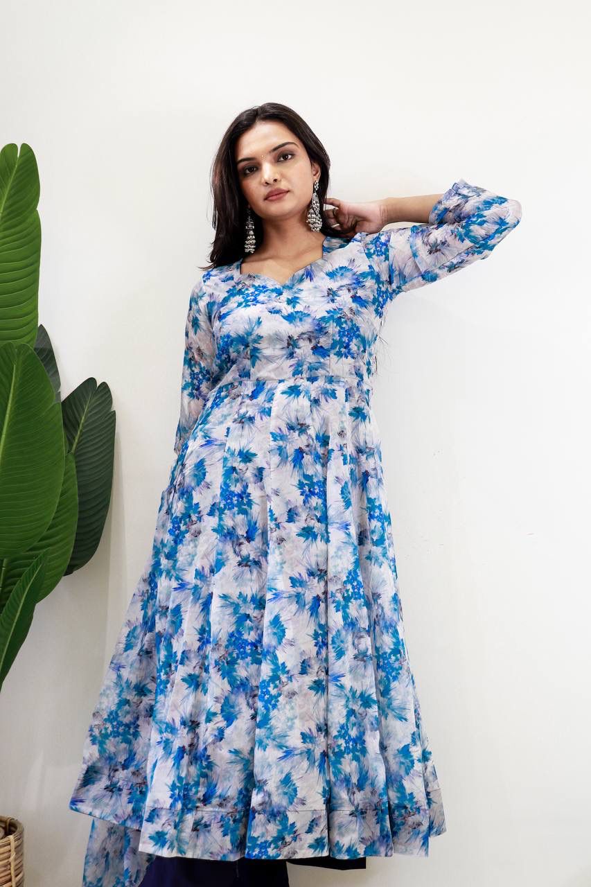 New Stylish Wear Organza Taby Silk Gown Style Kurti With Dupatta & Bottom