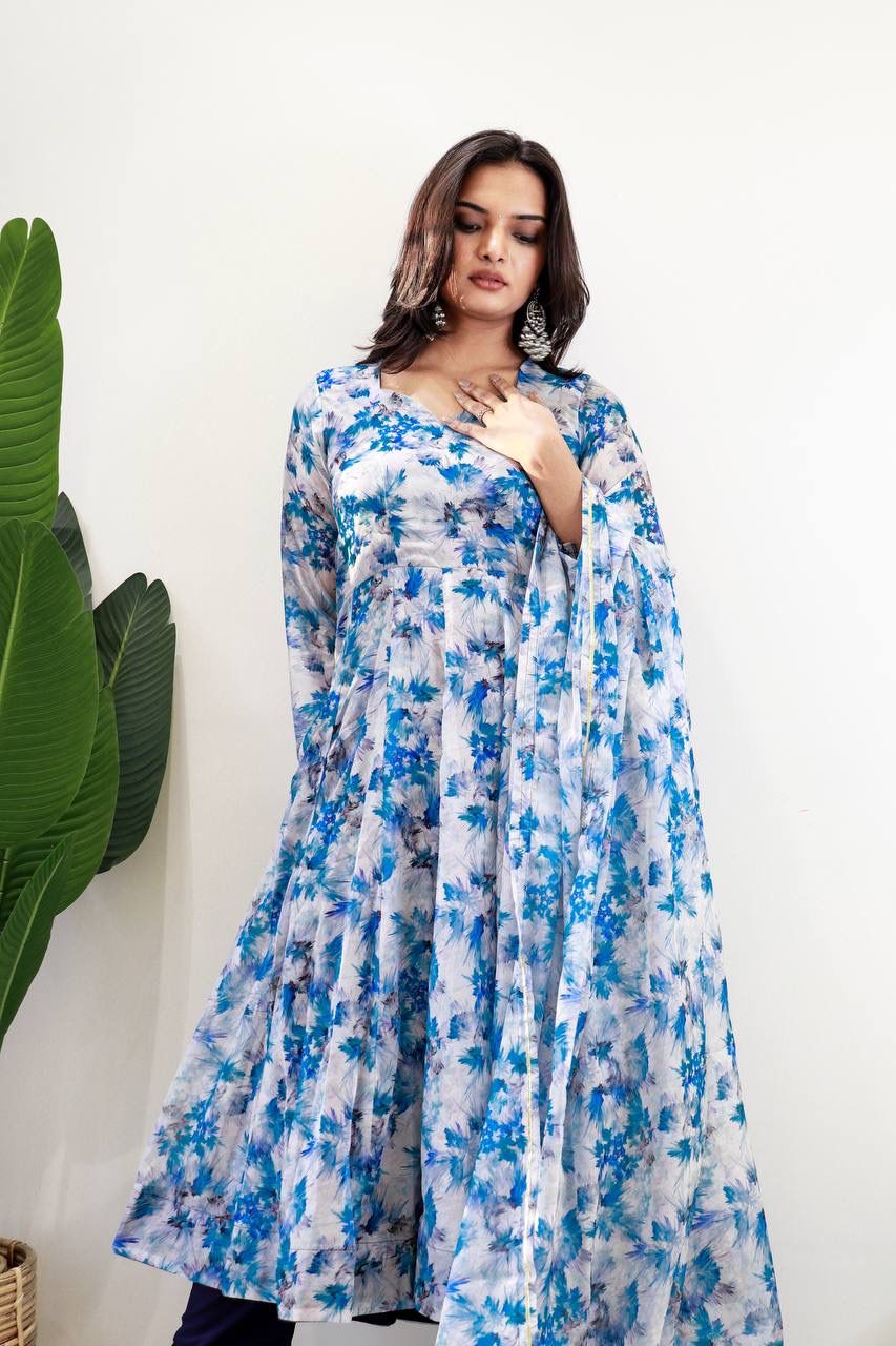 New Stylish Wear Organza Taby Silk Gown Style Kurti With Dupatta & Bottom