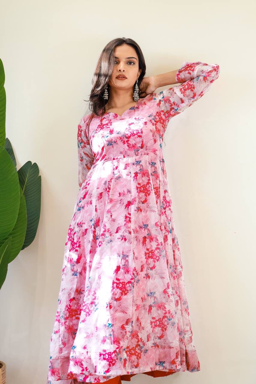 New Stylish Wear Organza Taby Silk Gown Style Kurti With Dupatta & Bottom
