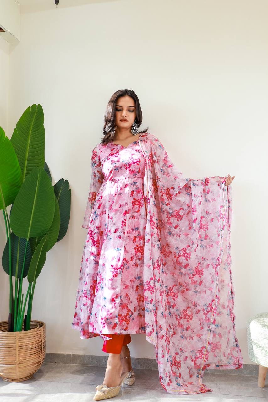 New Stylish Wear Organza Taby Silk Gown Style Kurti With Dupatta & Bottom