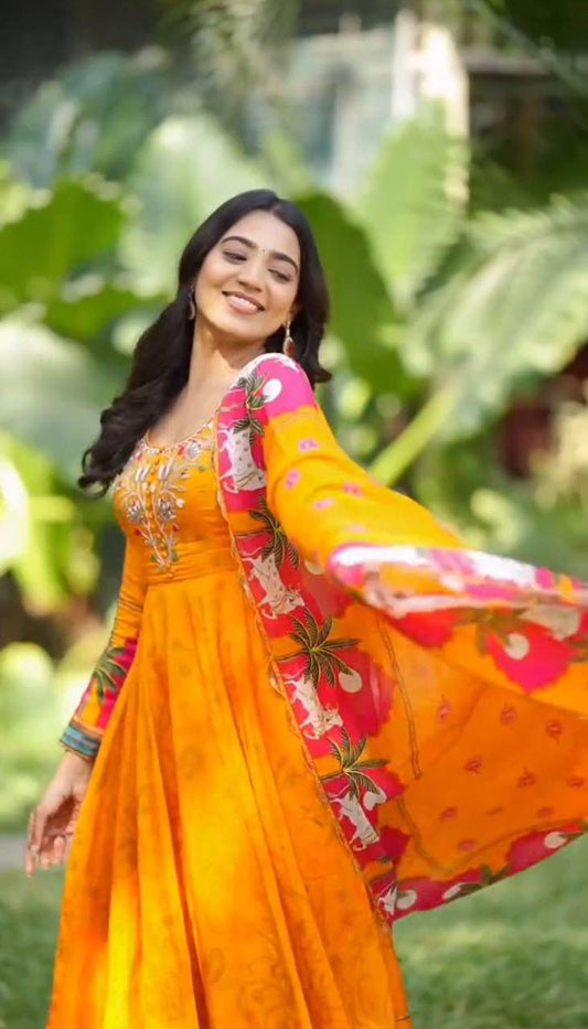 New Premium Cotton Kalamkari Work Gown Style Kurta Pant With Dupatta Pair