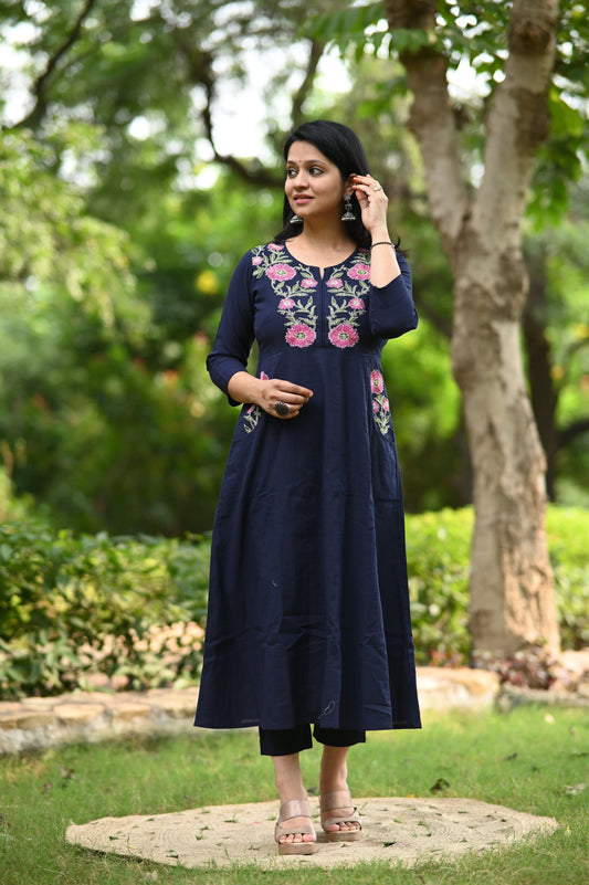Pure Soft Cotton Embroidery Work Black Kurti Pant Set