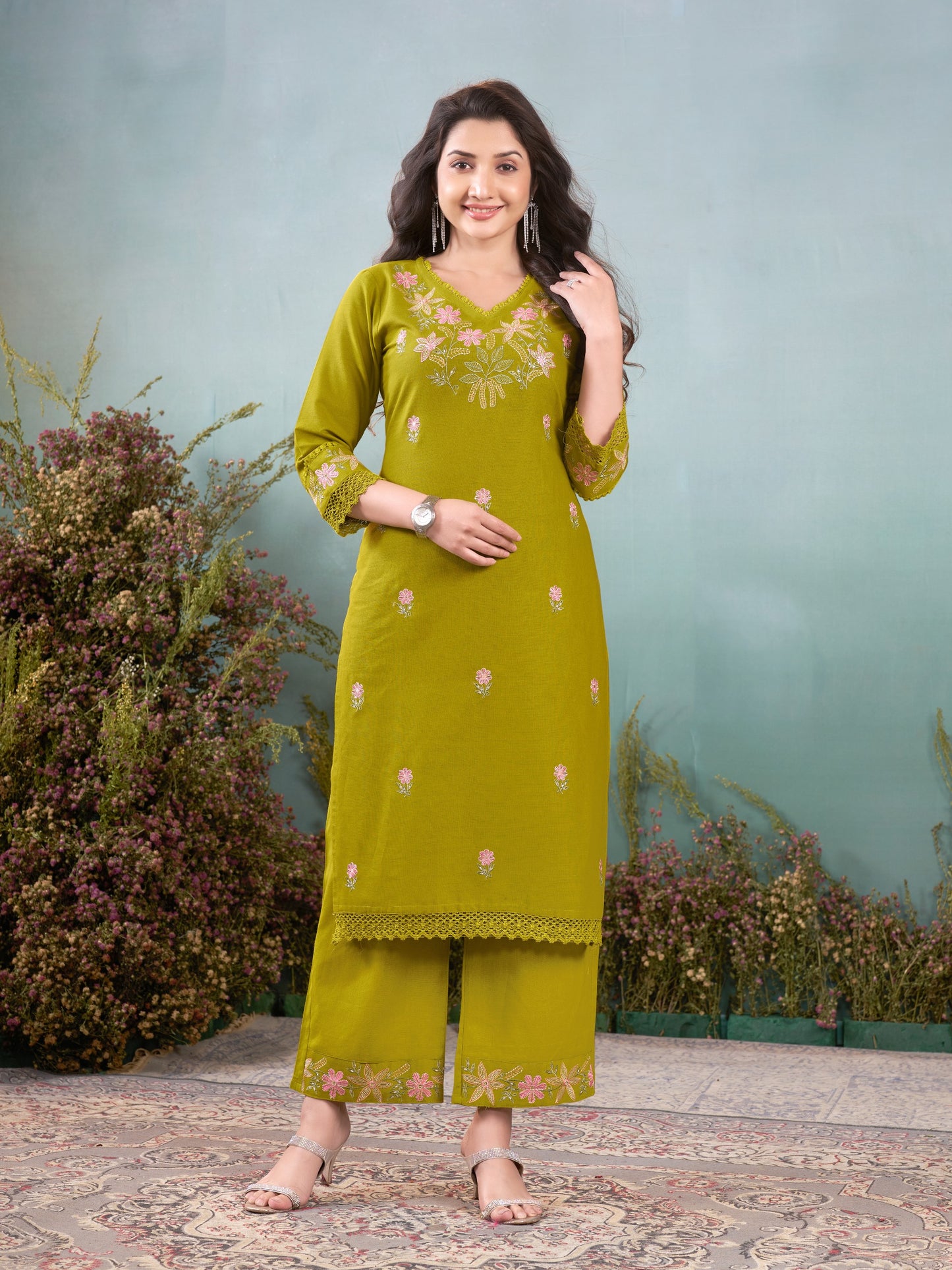 Premium Soft Khadi Cotton Embroidery Lace Work Detailed Kurti Pant Set