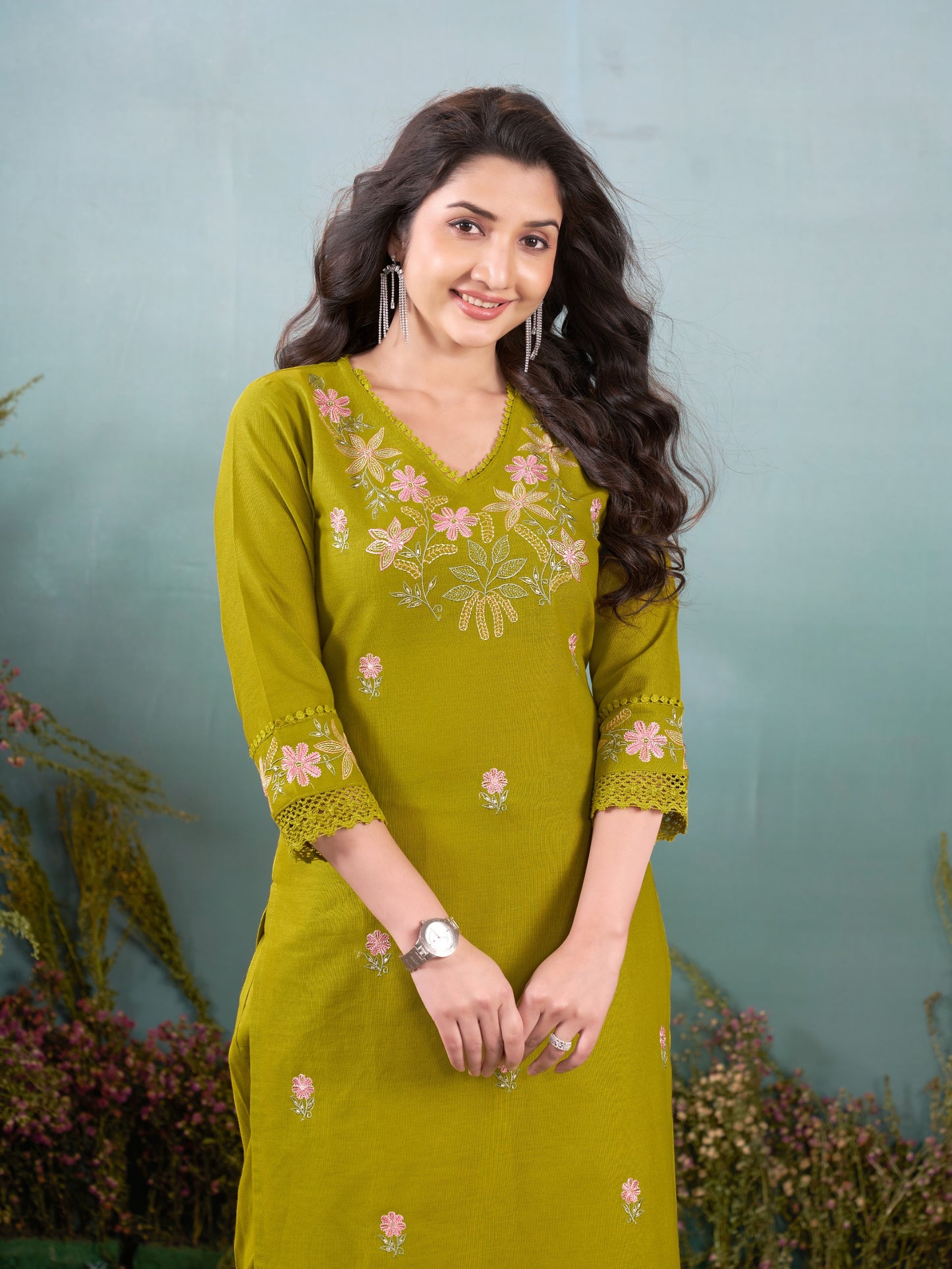 Premium Soft Khadi Cotton Embroidery Lace Work Detailed Kurti Pant Set