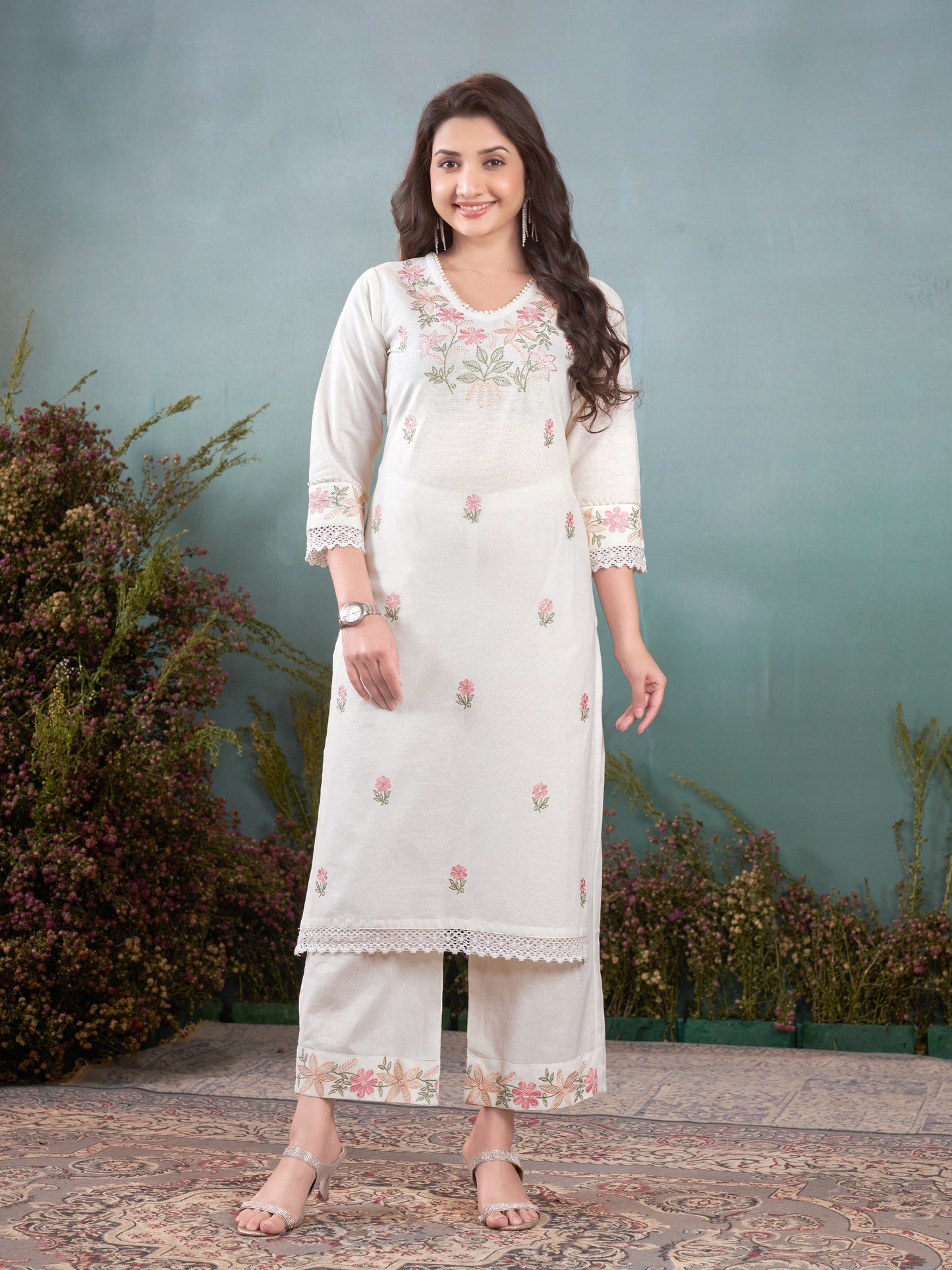 Premium Soft Khadi Cotton Embroidery Lace Work Detailed Kurti Pant Set
