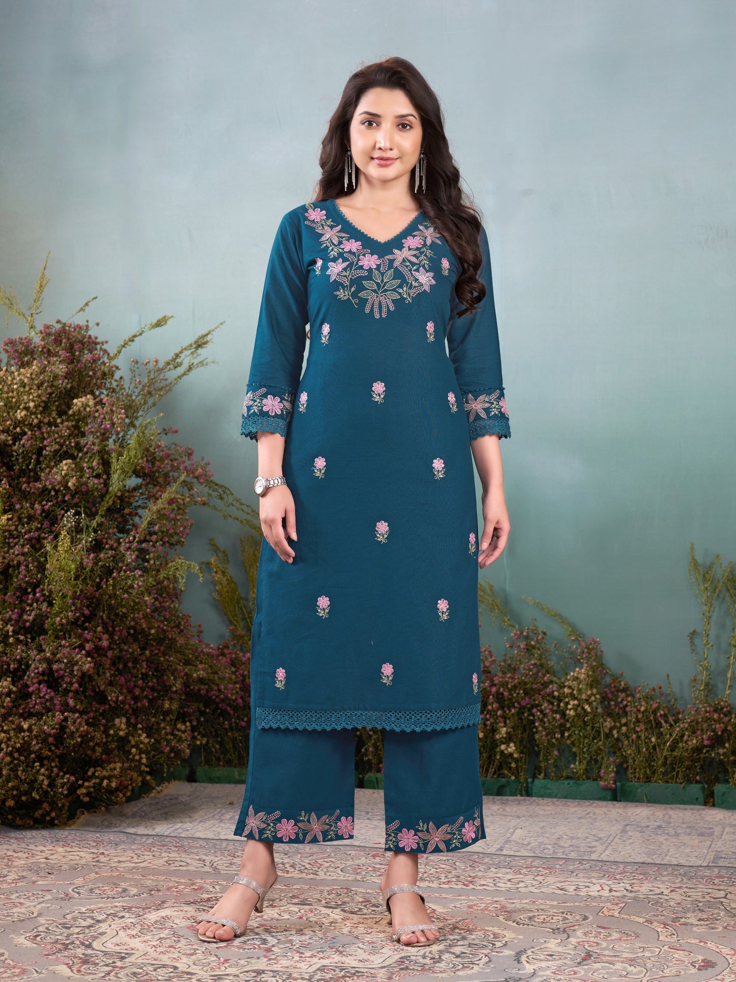 Premium Soft Khadi Cotton Embroidery Lace Work Detailed Kurti Pant Set