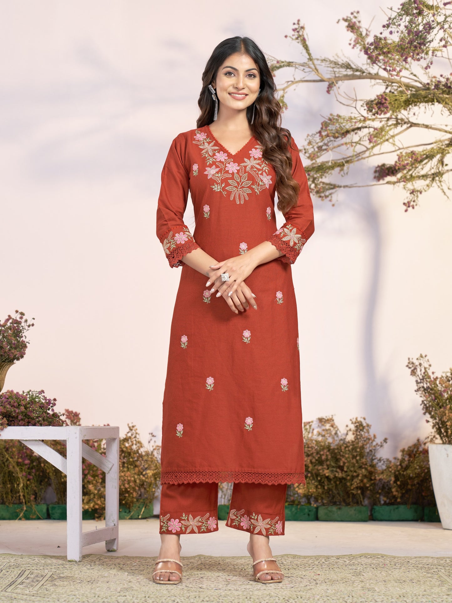 Premium Soft Khadi Cotton Embroidery Lace Work Detailed Kurti Pant Set