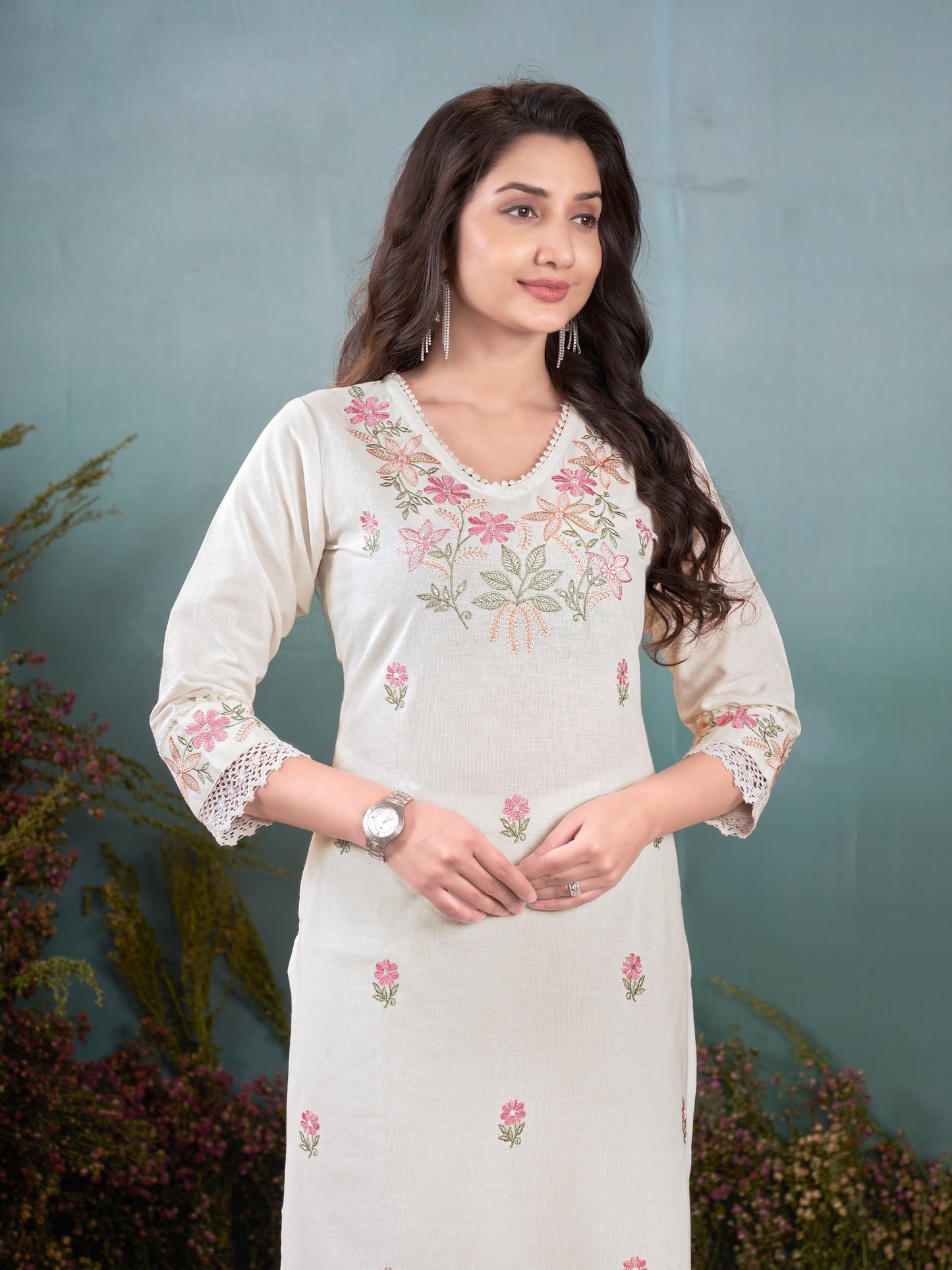 Premium Soft Khadi Cotton Embroidery Lace Work Detailed Kurti Pant Set