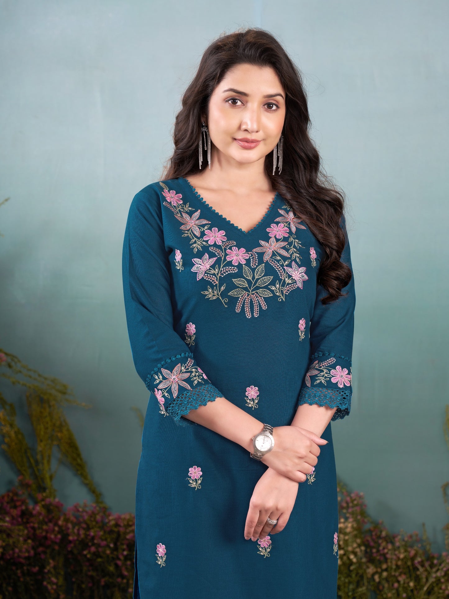 Premium Soft Khadi Cotton Embroidery Lace Work Detailed Kurti Pant Set