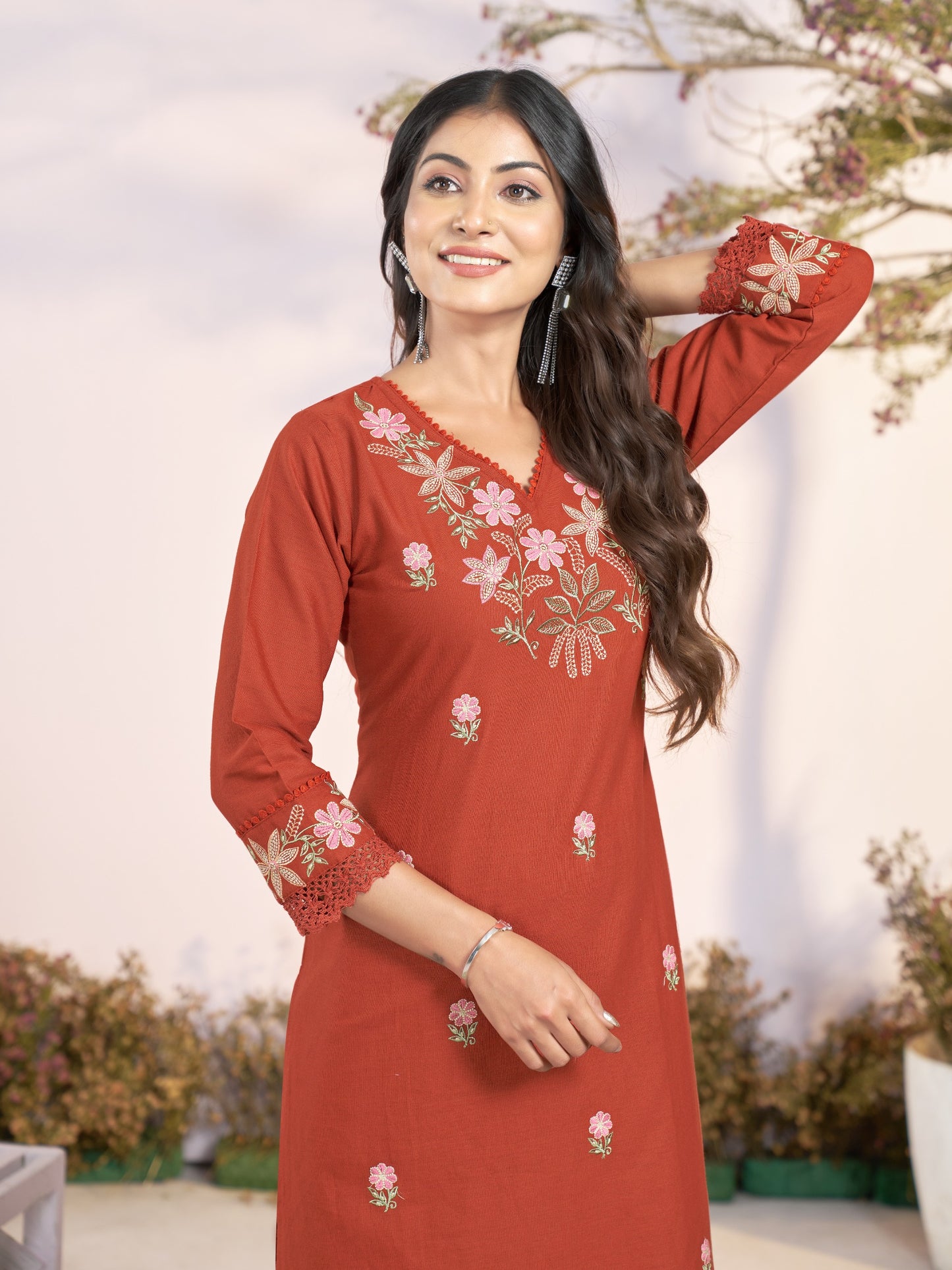 Premium Soft Khadi Cotton Embroidery Lace Work Detailed Kurti Pant Set