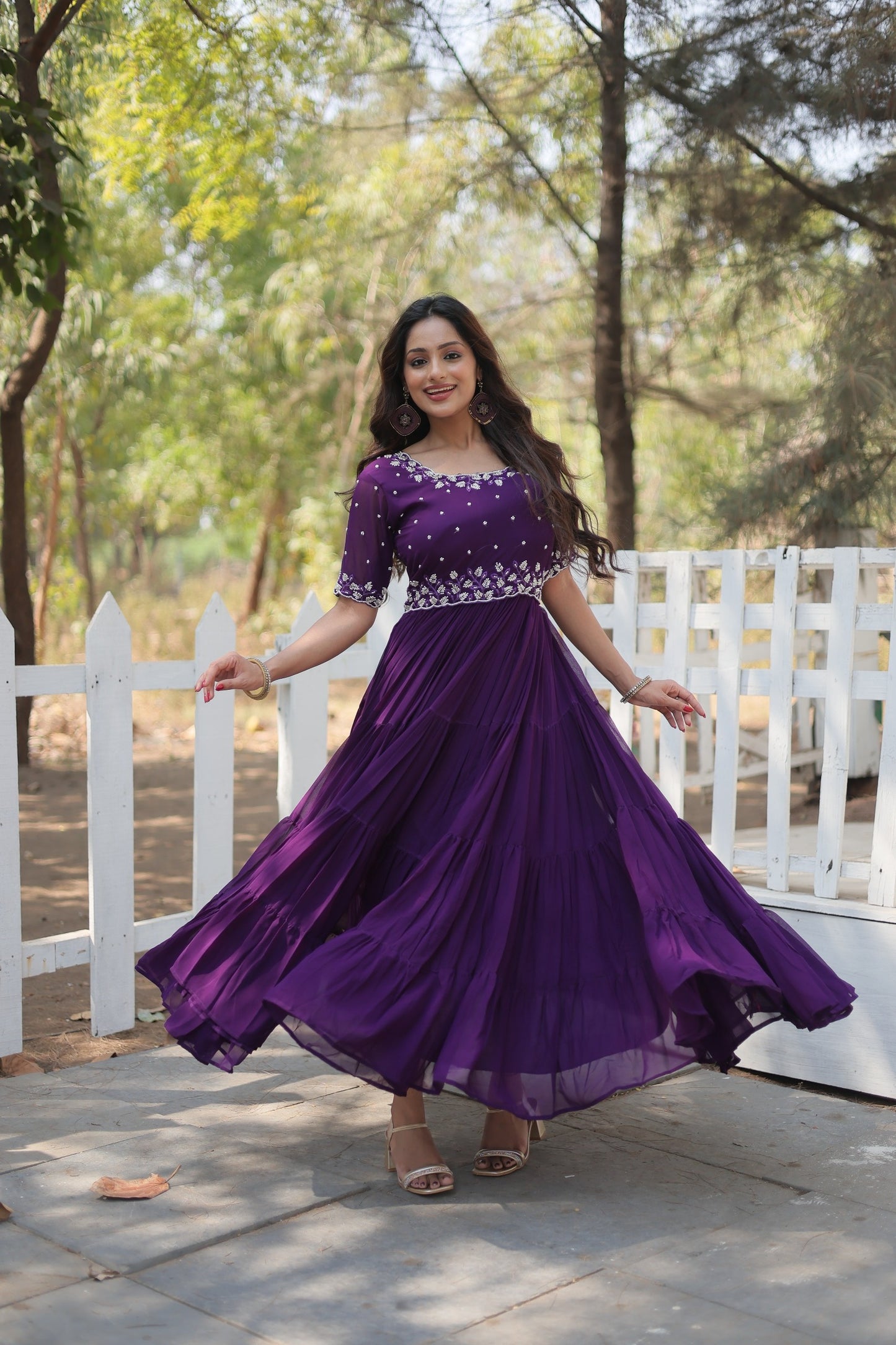 Wedding & Festive Designer Wear Faux Blooming With Beads Embroidery Work Gown