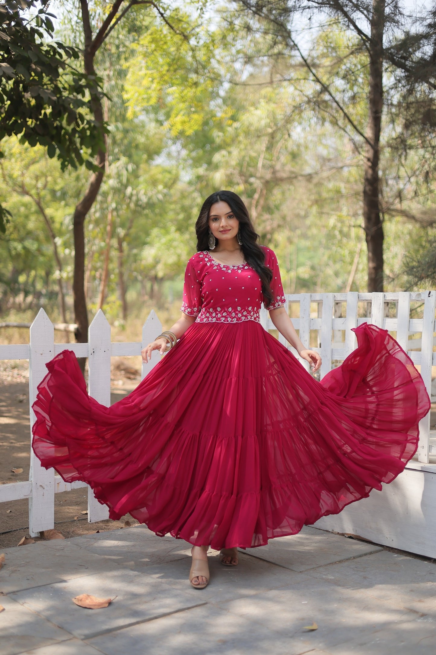 Wedding & Festive Designer Wear Faux Blooming With Beads Embroidery Work Gown