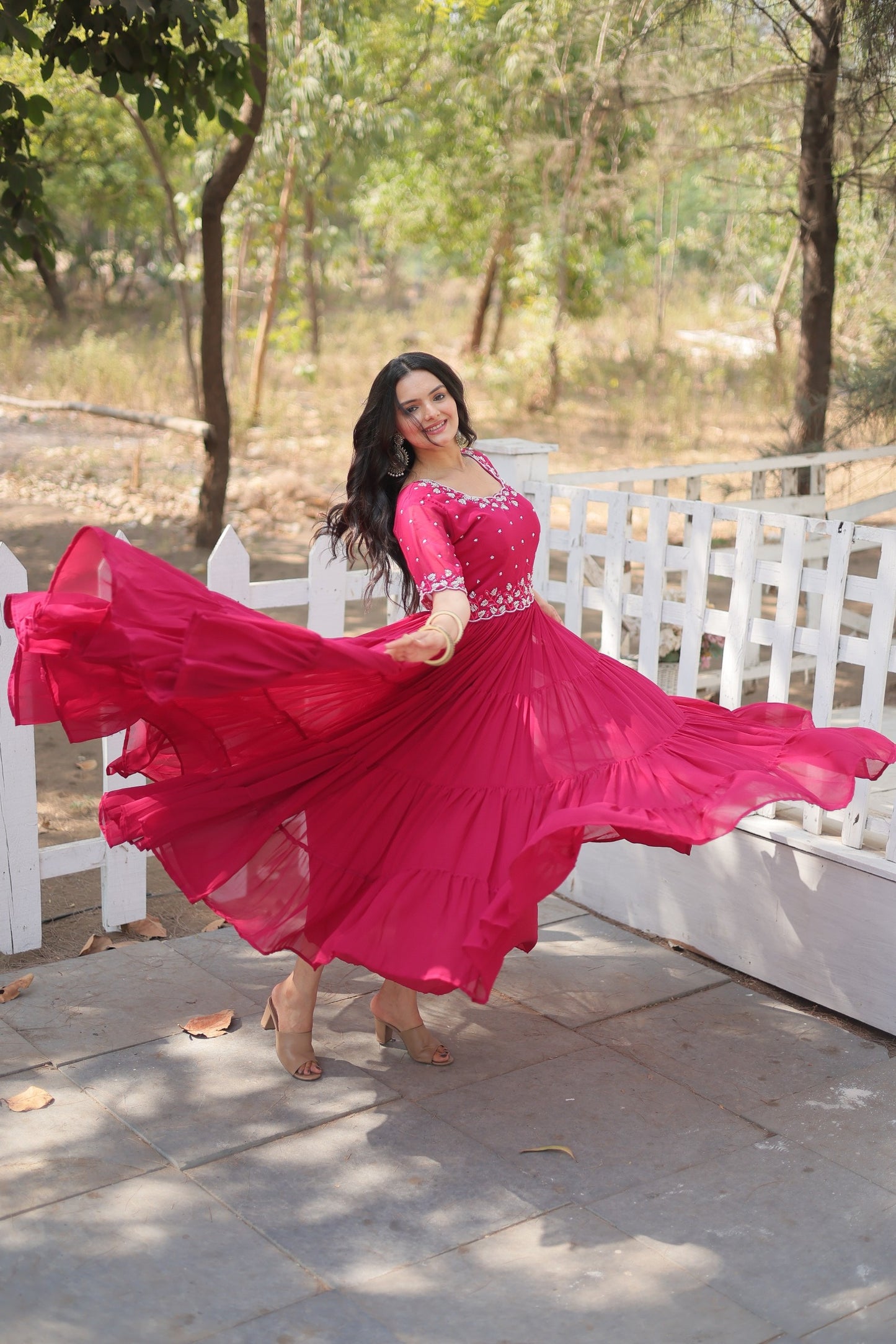 Wedding & Festive Designer Wear Faux Blooming With Beads Embroidery Work Gown