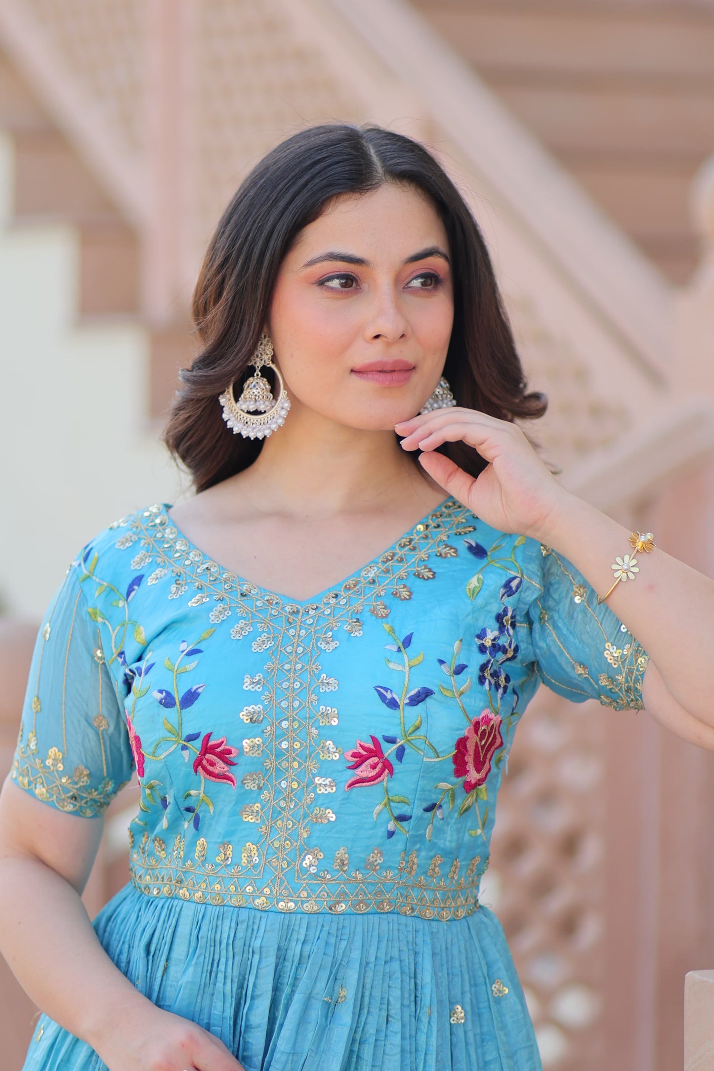 Designer Wear Gold Crush Gown With Multi Thread Embroidery Zari Sequins Work