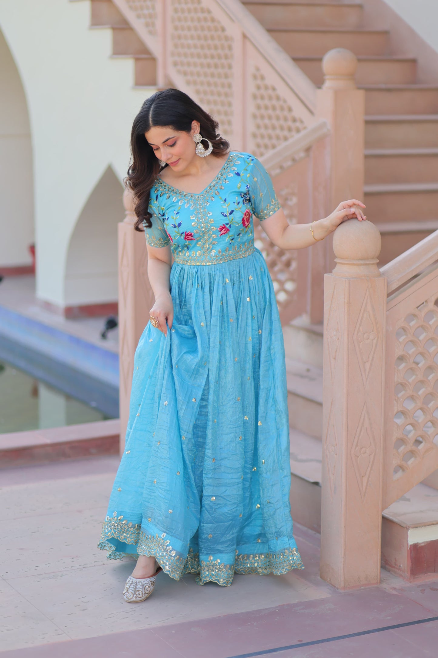 Designer Wear Gold Crush Gown With Multi Thread Embroidery Zari Sequins Work