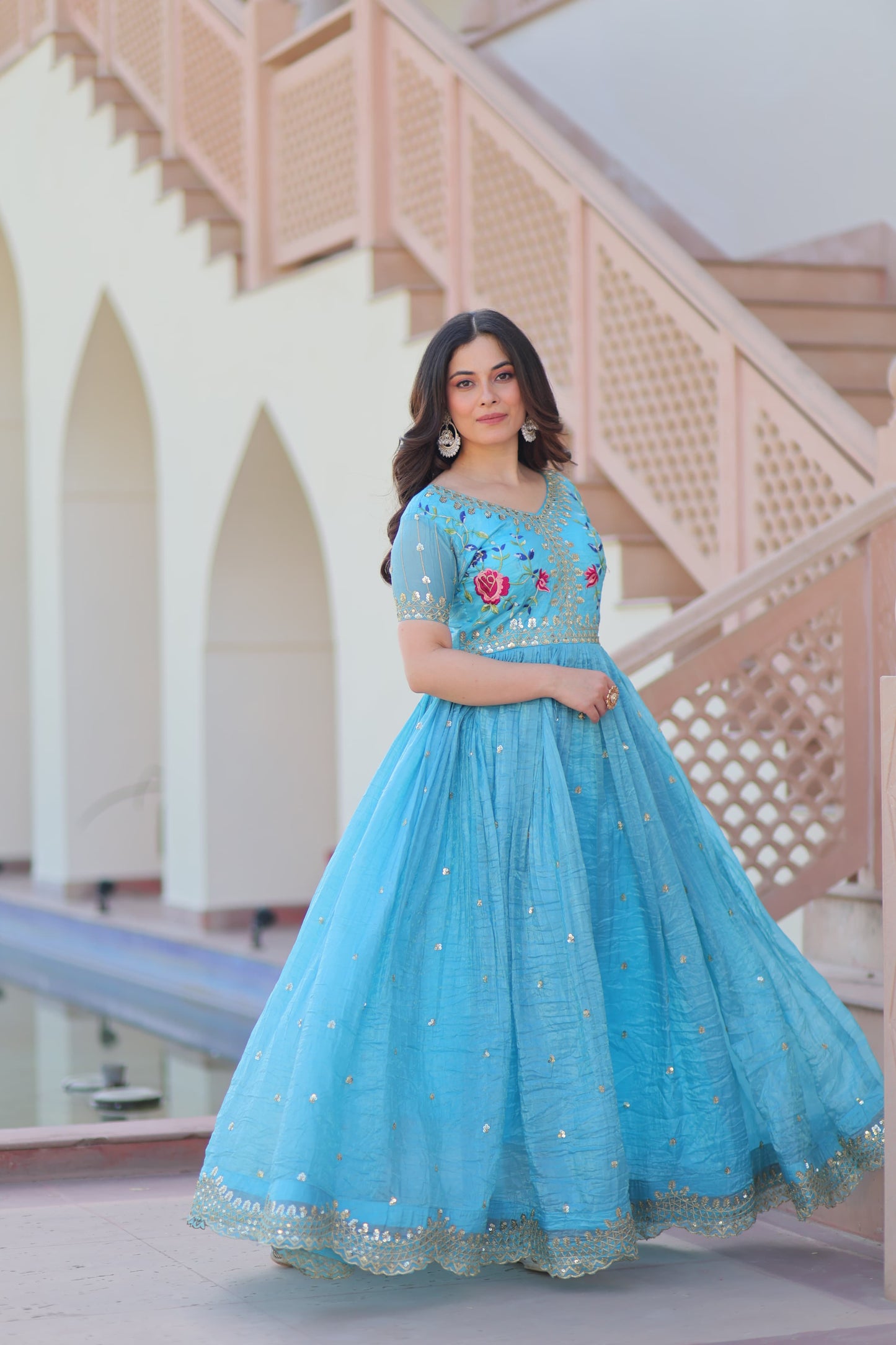 Designer Wear Gold Crush Gown With Multi Thread Embroidery Zari Sequins Work