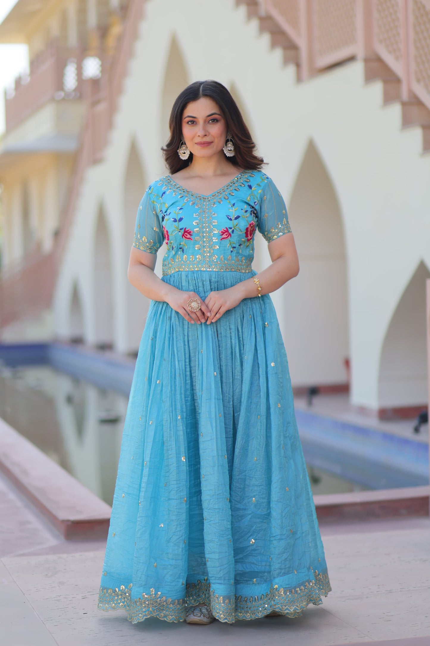 Designer Wear Gold Crush Gown With Multi Thread Embroidery Zari Sequins Work