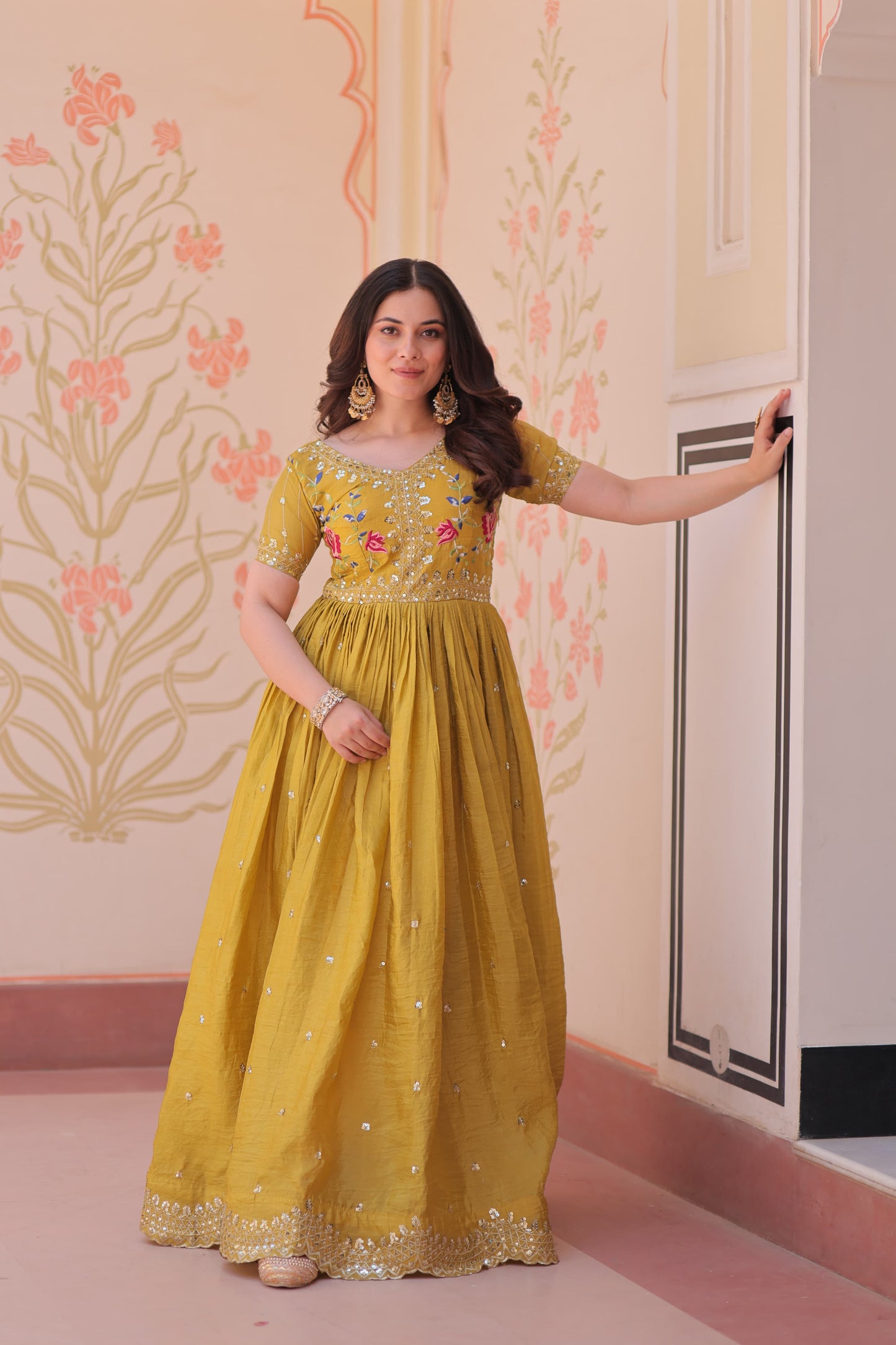 Designer Wear Gold Crush Gown With Multi Thread Embroidery Zari Sequins Work