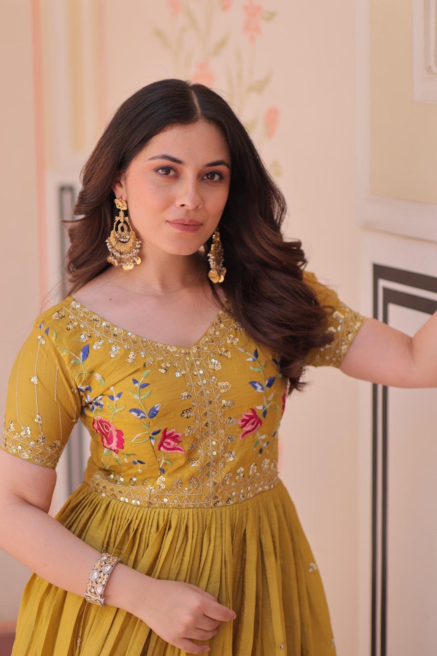 Designer Wear Gold Crush Gown With Multi Thread Embroidery Zari Sequins Work