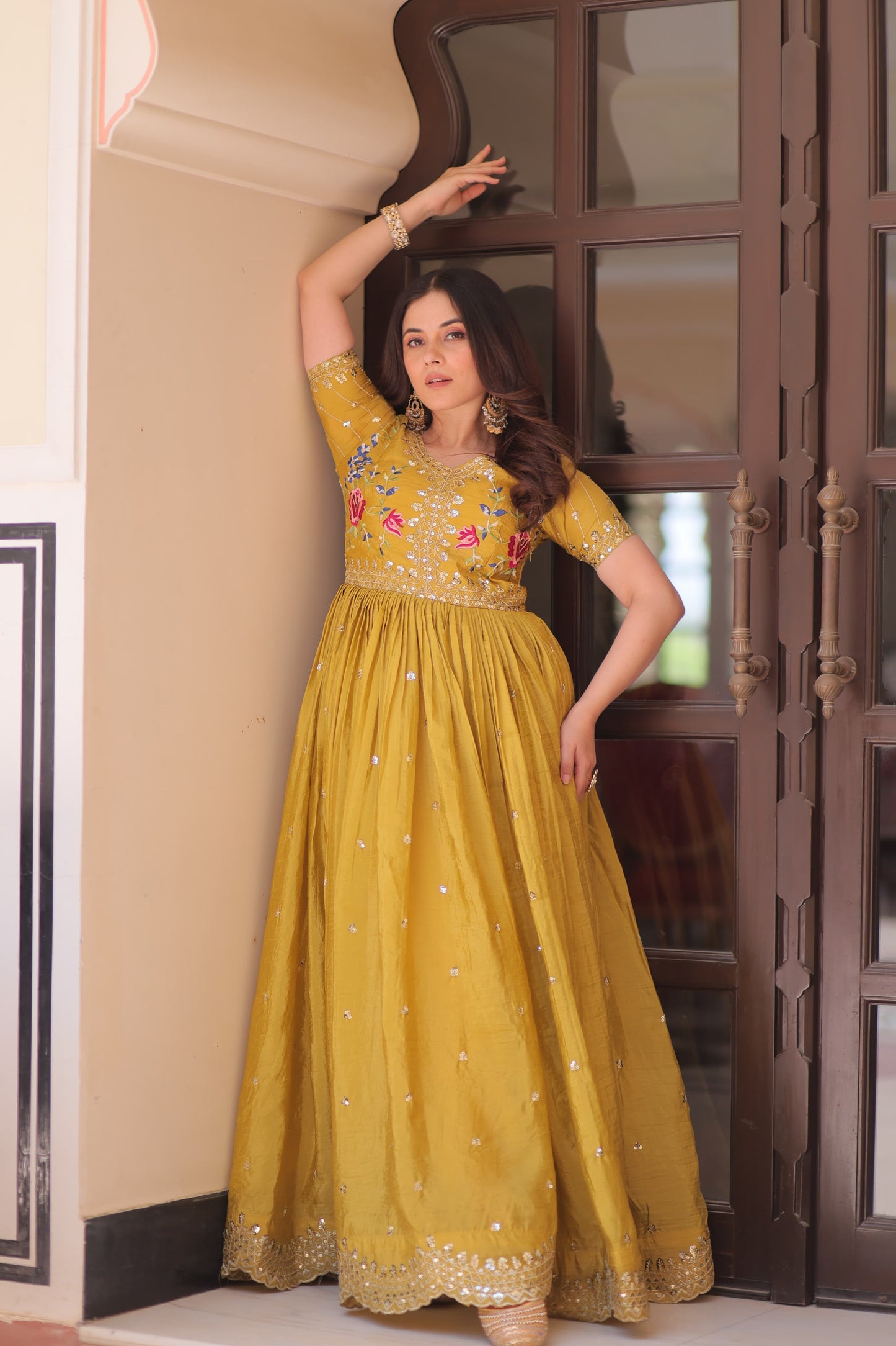 Designer Wear Gold Crush Gown With Multi Thread Embroidery Zari Sequins Work