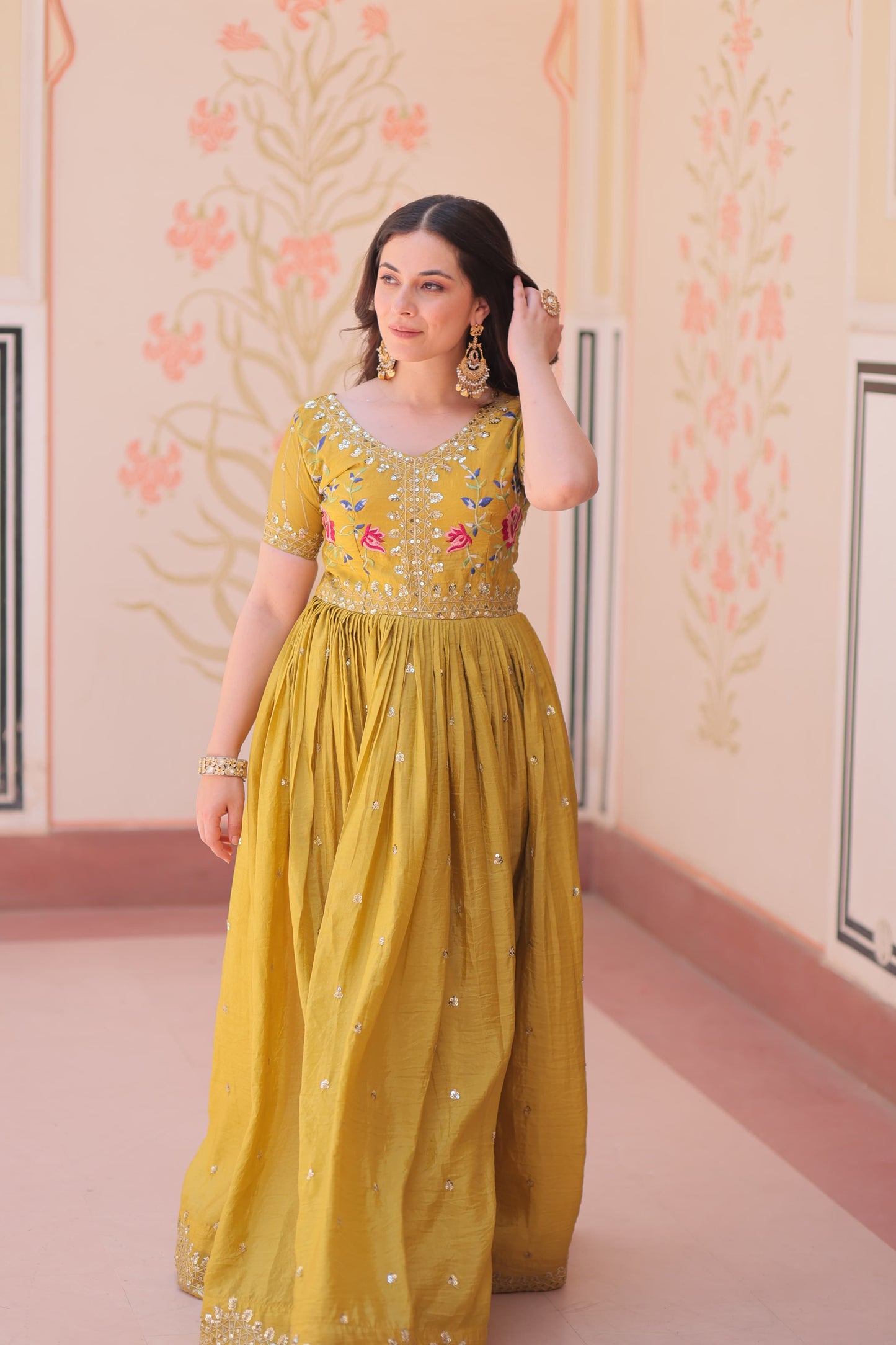 Designer Wear Gold Crush Gown With Multi Thread Embroidery Zari Sequins Work