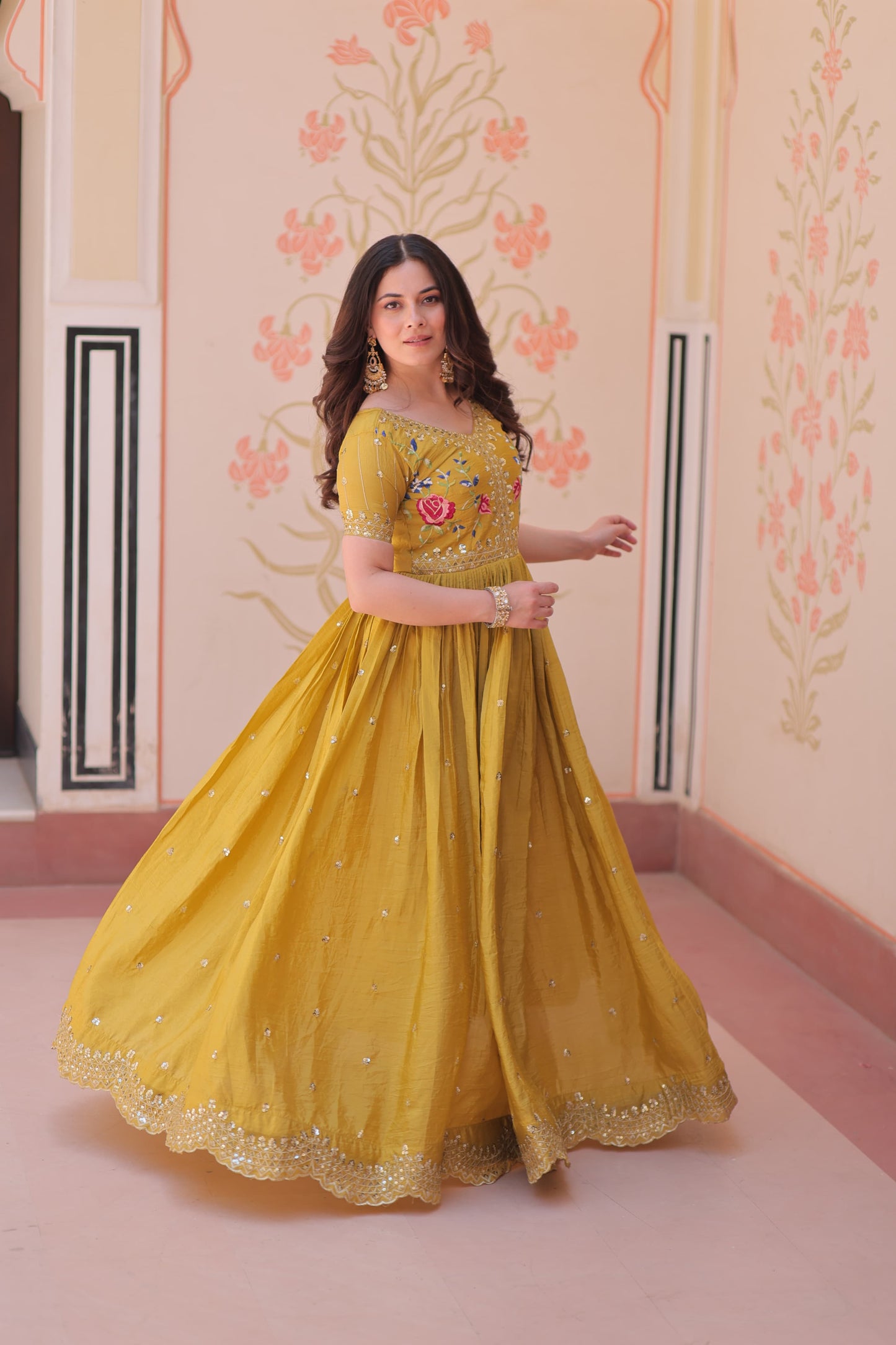 Designer Wear Gold Crush Gown With Multi Thread Embroidery Zari Sequins Work