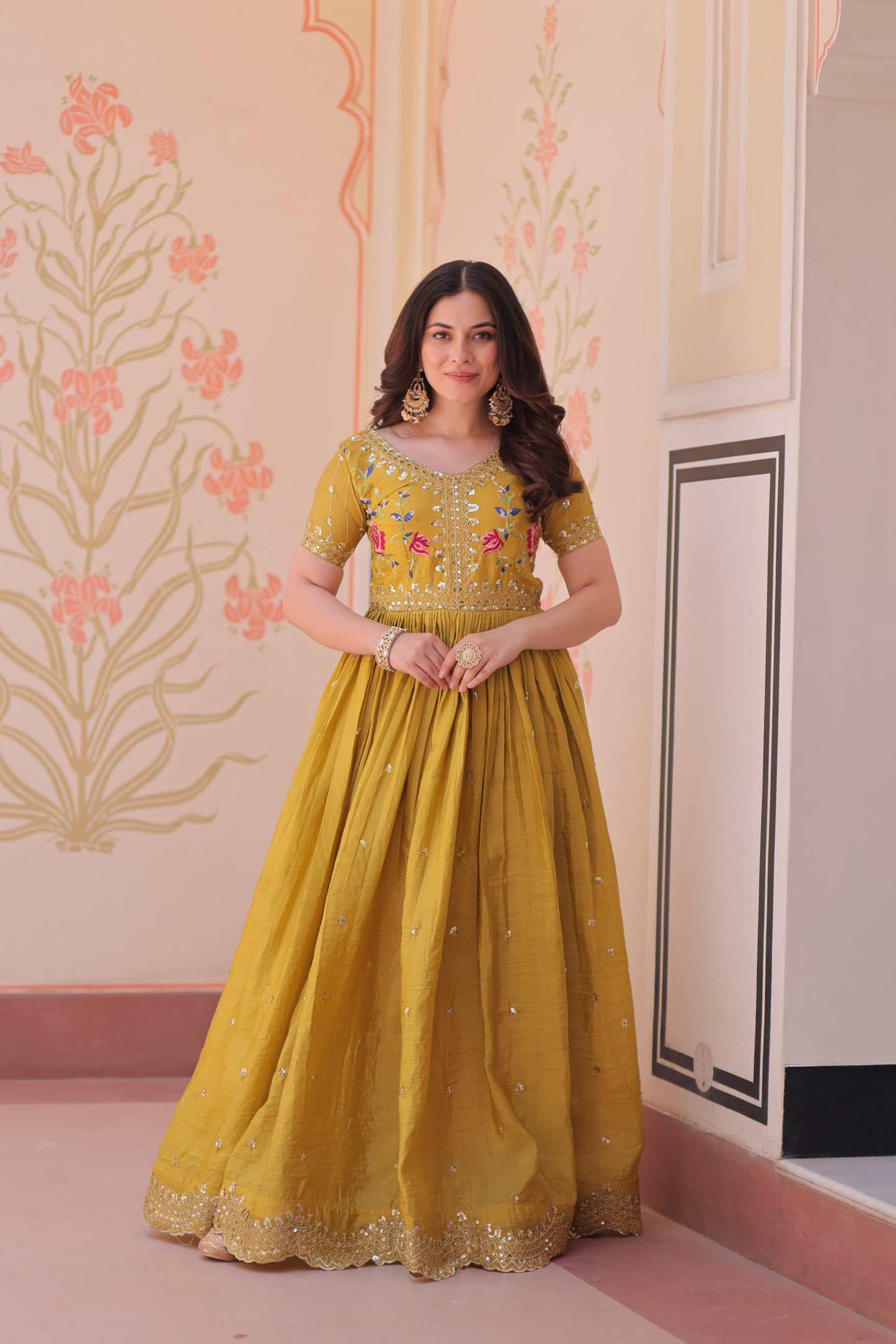 Designer Wear Gold Crush Gown With Multi Thread Embroidery Zari Sequins Work