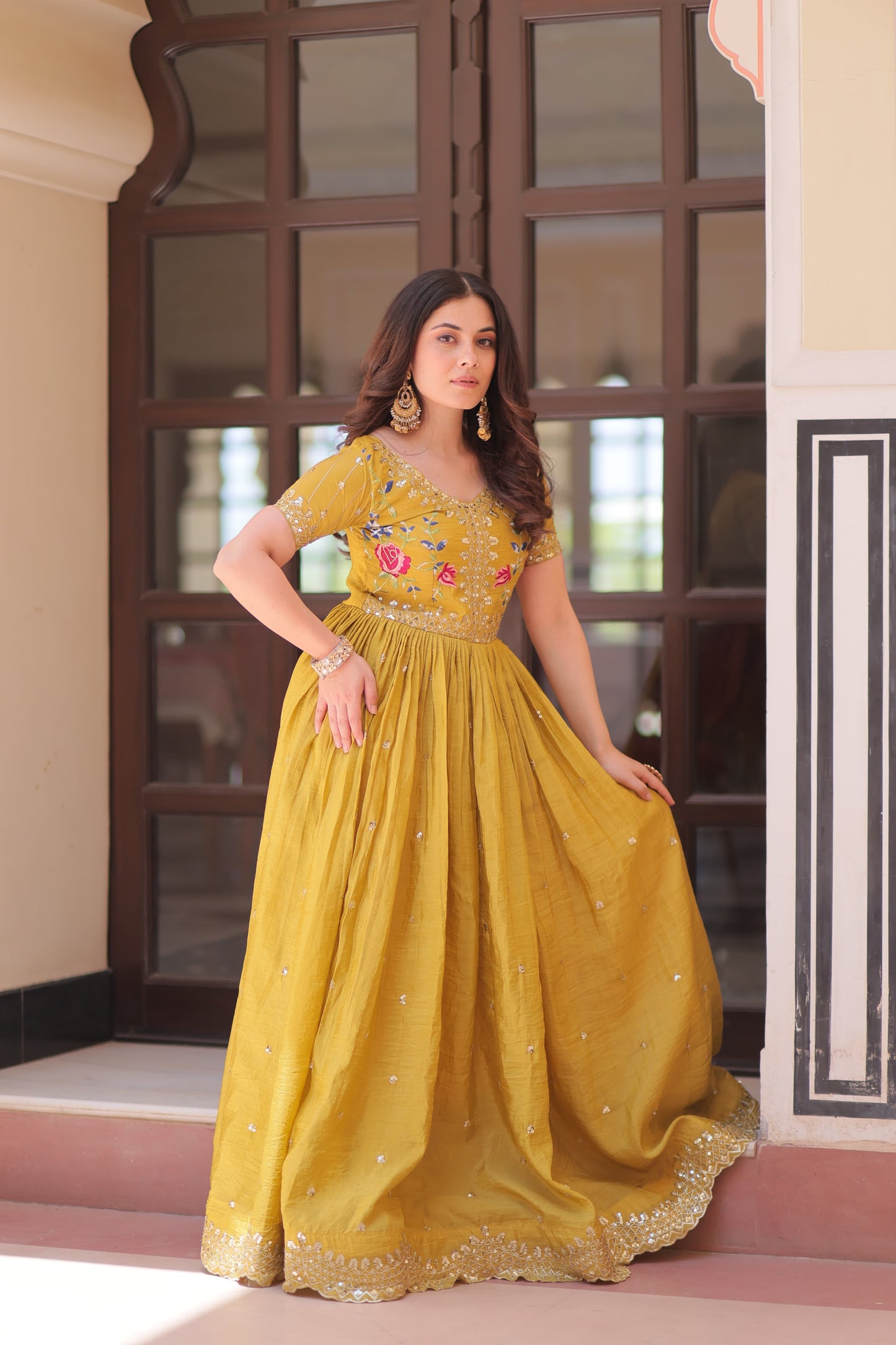 Designer Wear Gold Crush Gown With Multi Thread Embroidery Zari Sequins Work