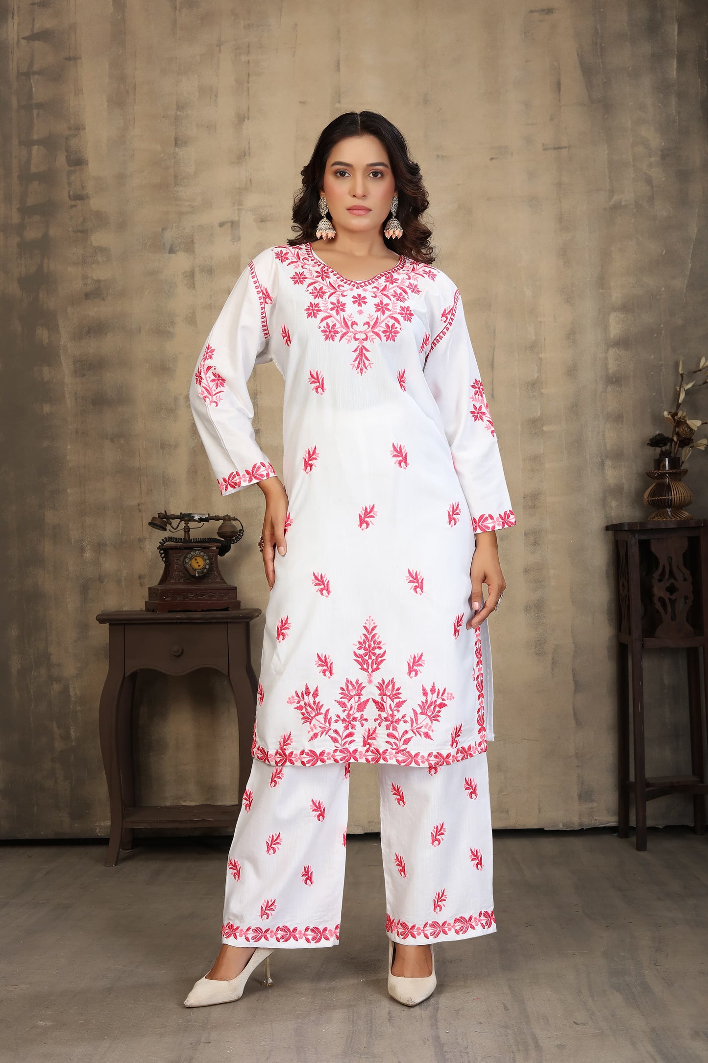 New Stylish Heavy Rayon Slub With Chikankari Embroidery Work Kurti Pant Set