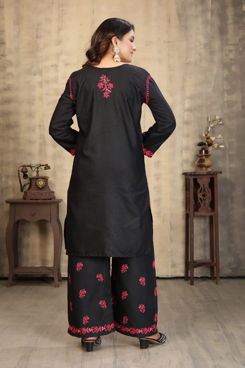 New Stylish Heavy Rayon Slub With Chikankari Embroidery Work Kurti Pant Set