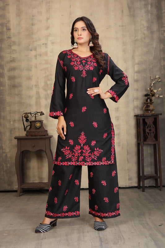 New Stylish Heavy Rayon Slub With Chikankari Embroidery Work Kurti Pant Set