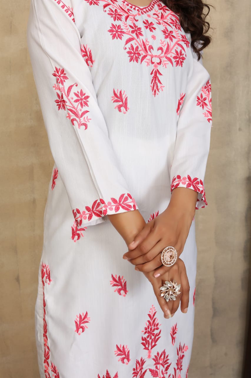 New Stylish Heavy Rayon Slub With Chikankari Embroidery Work Kurti Pant Set