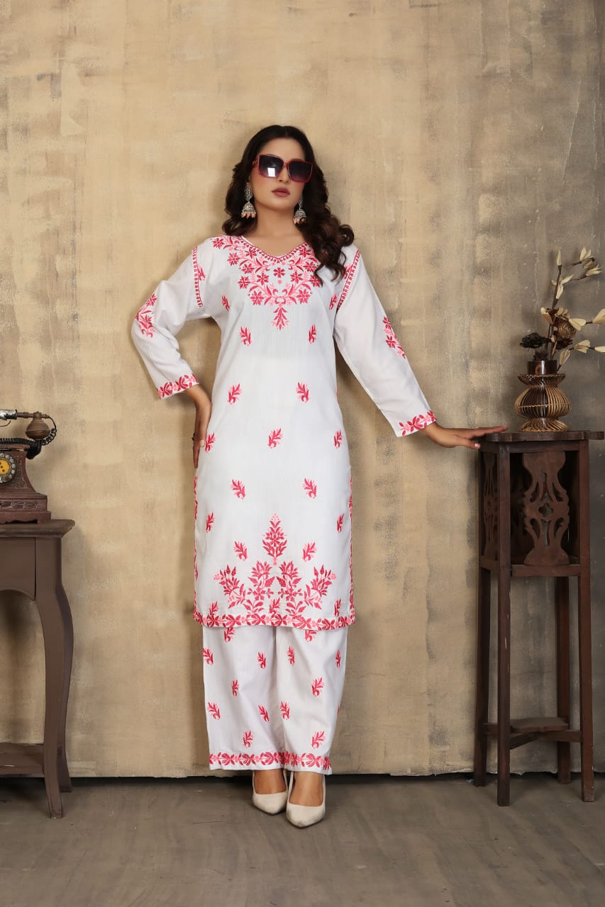 New Stylish Heavy Rayon Slub With Chikankari Embroidery Work Kurti Pant Set