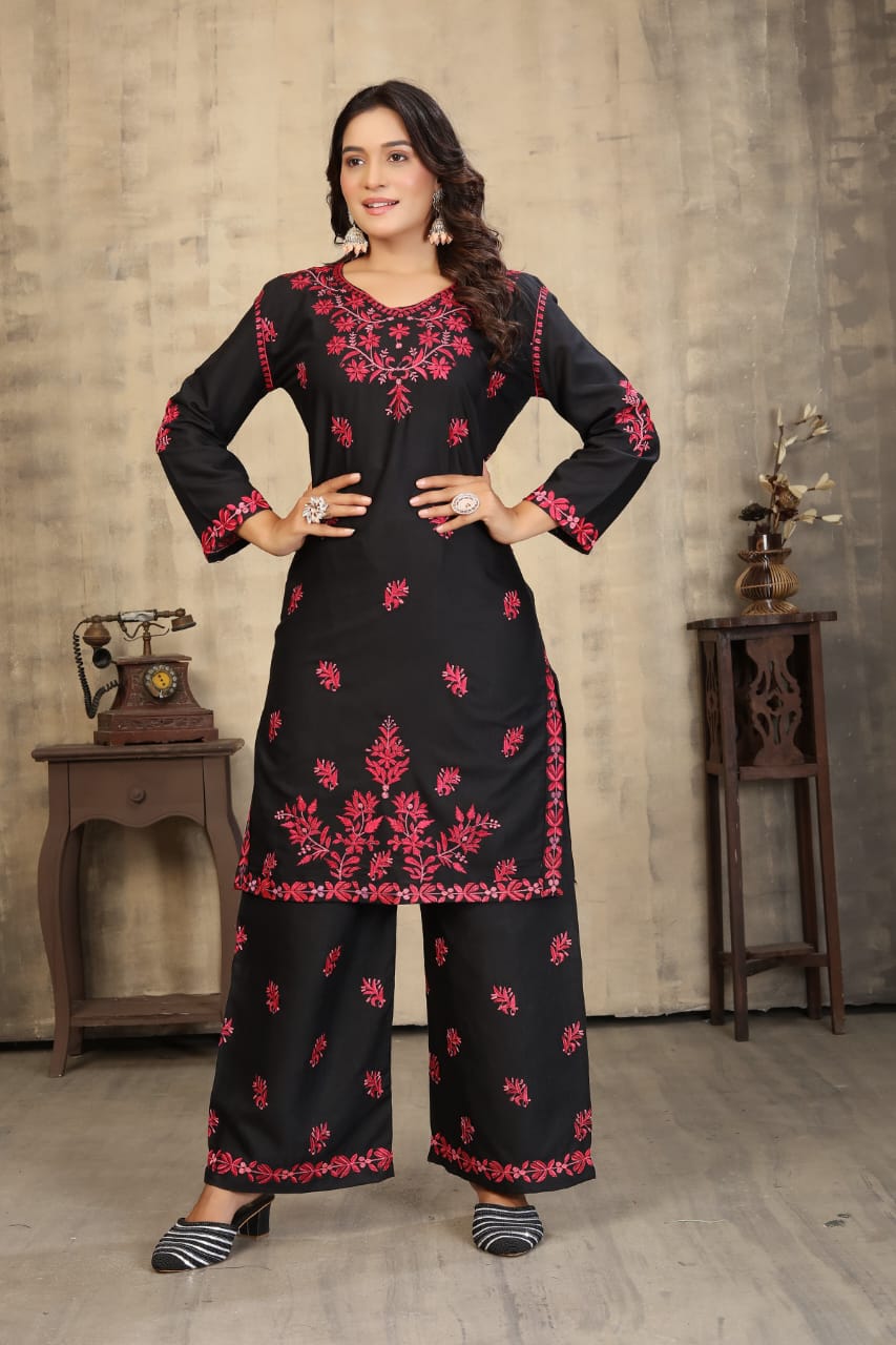 New Stylish Heavy Rayon Slub With Chikankari Embroidery Work Kurti Pant Set