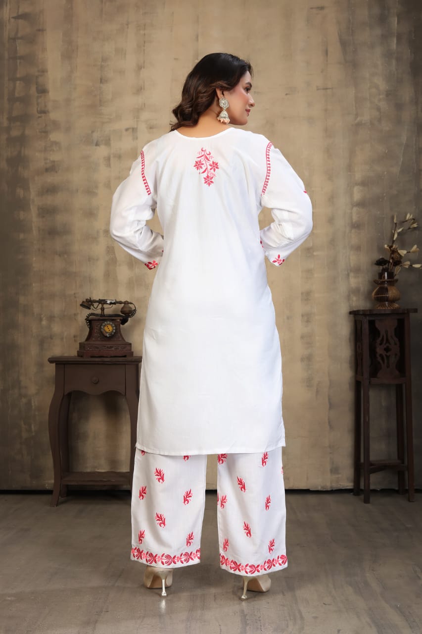 New Stylish Heavy Rayon Slub With Chikankari Embroidery Work Kurti Pant Set