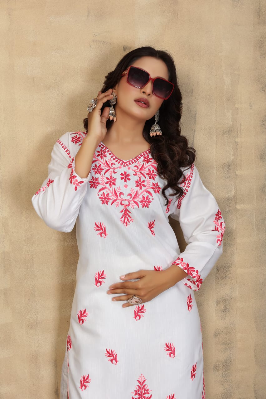 New Stylish Heavy Rayon Slub With Chikankari Embroidery Work Kurti Pant Set