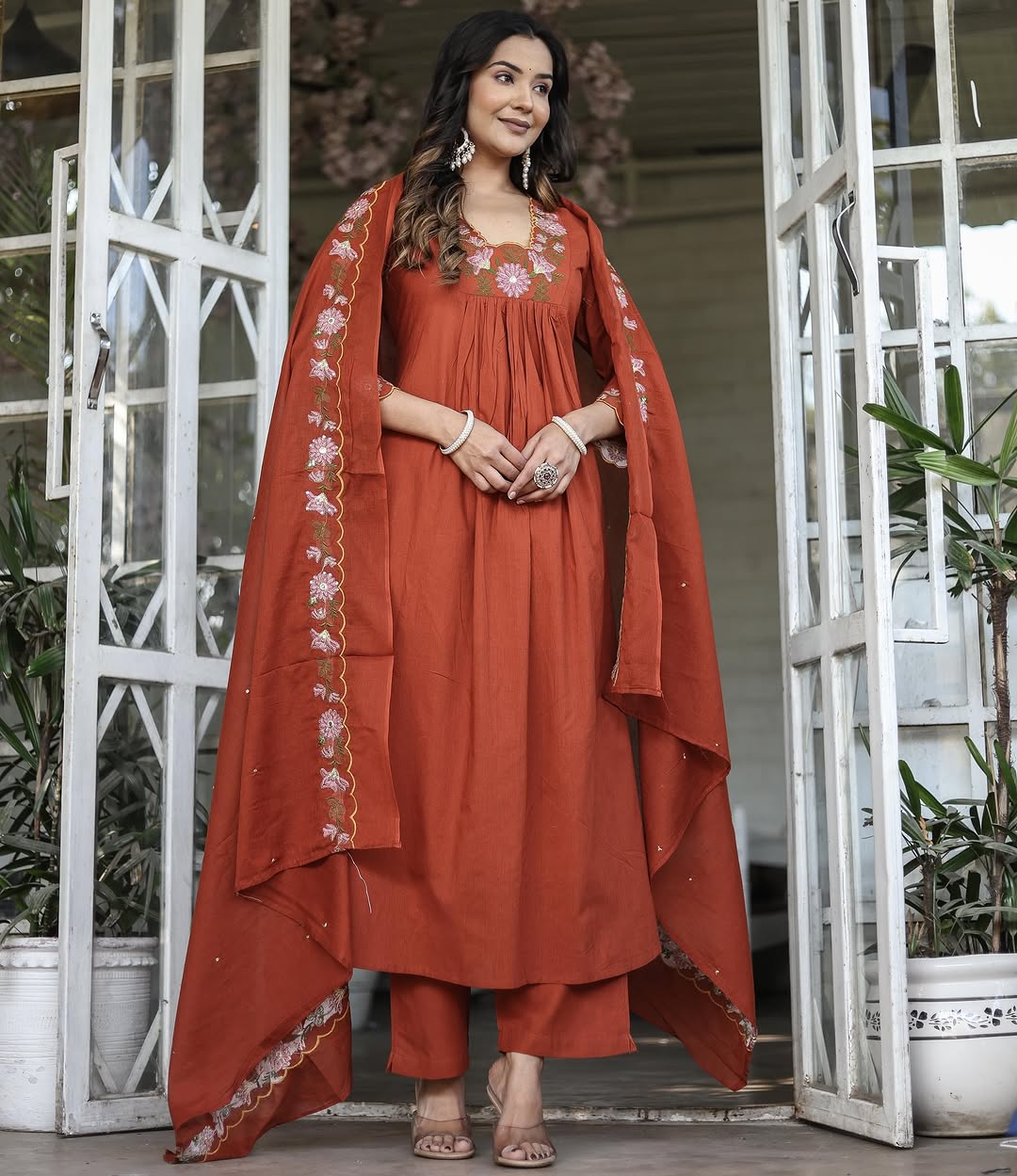Premium Soft Rayon Slub Embroidery & Lace Work Anarkali Kurti Pant With Dupatta Set