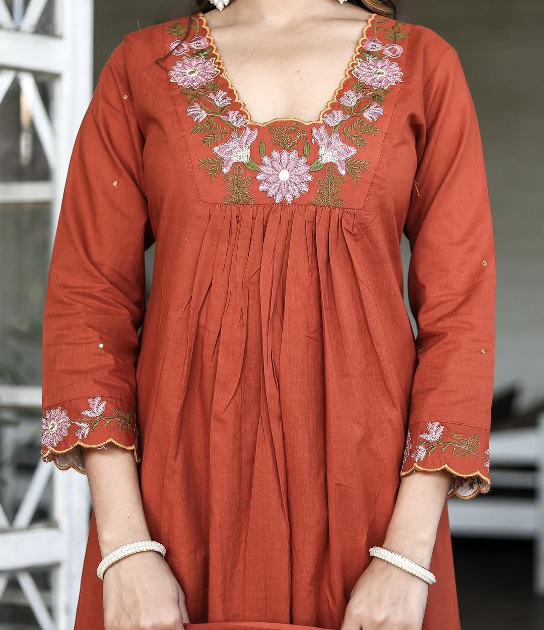 Premium Soft Rayon Slub Embroidery & Lace Work Anarkali Kurti Pant With Dupatta Set