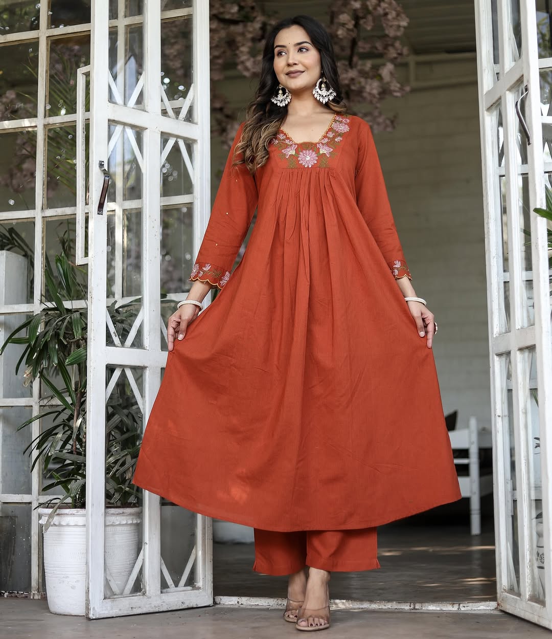 Premium Soft Rayon Slub Embroidery & Lace Work Anarkali Kurti Pant With Dupatta Set