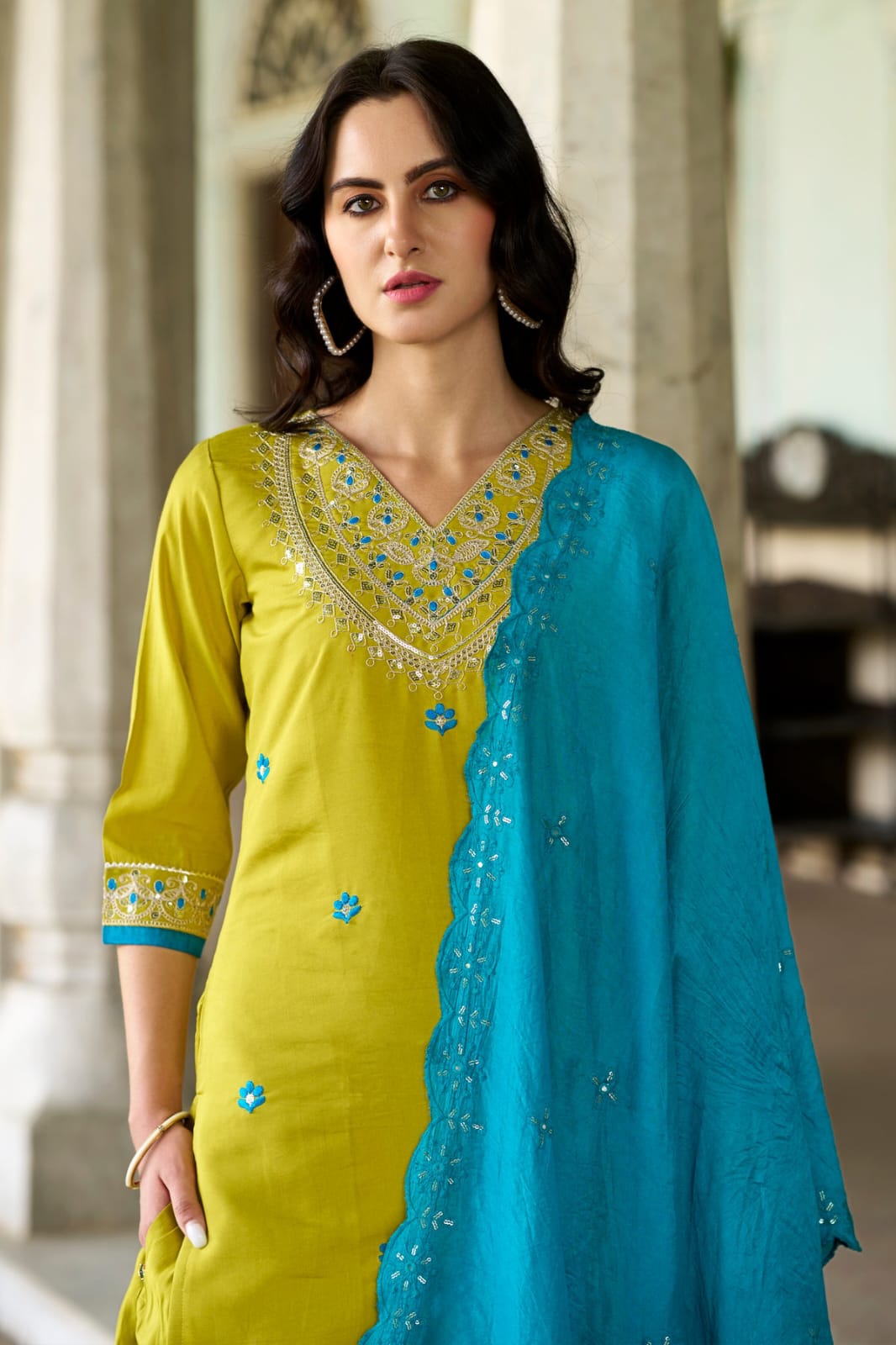 Beautiful Viscose Chanderi Detailed Embroidery Work Kurti Pant With Dupatta