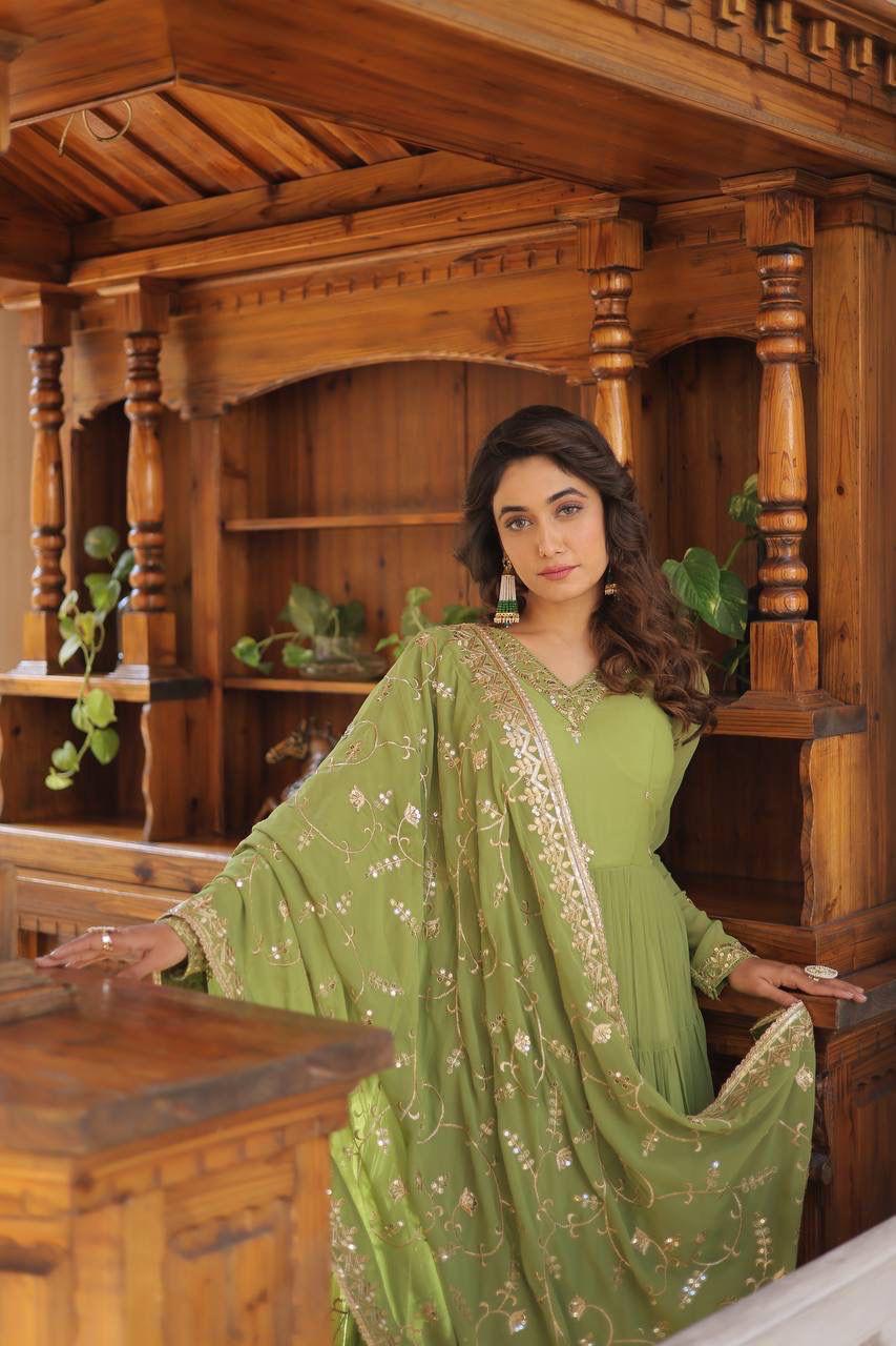 Wedding & Festive Ready Faux Georgette With Rich Sequins And Embroidered Work Gown & Dupatta Set