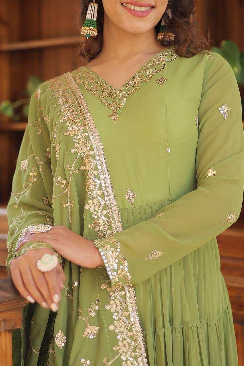 Wedding & Festive Ready Faux Georgette With Rich Sequins And Embroidered Work Gown & Dupatta Set