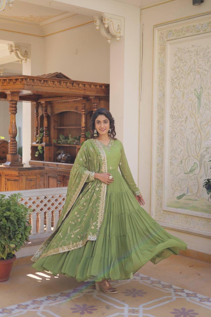 Wedding & Festive Ready Faux Georgette With Rich Sequins And Embroidered Work Gown & Dupatta Set