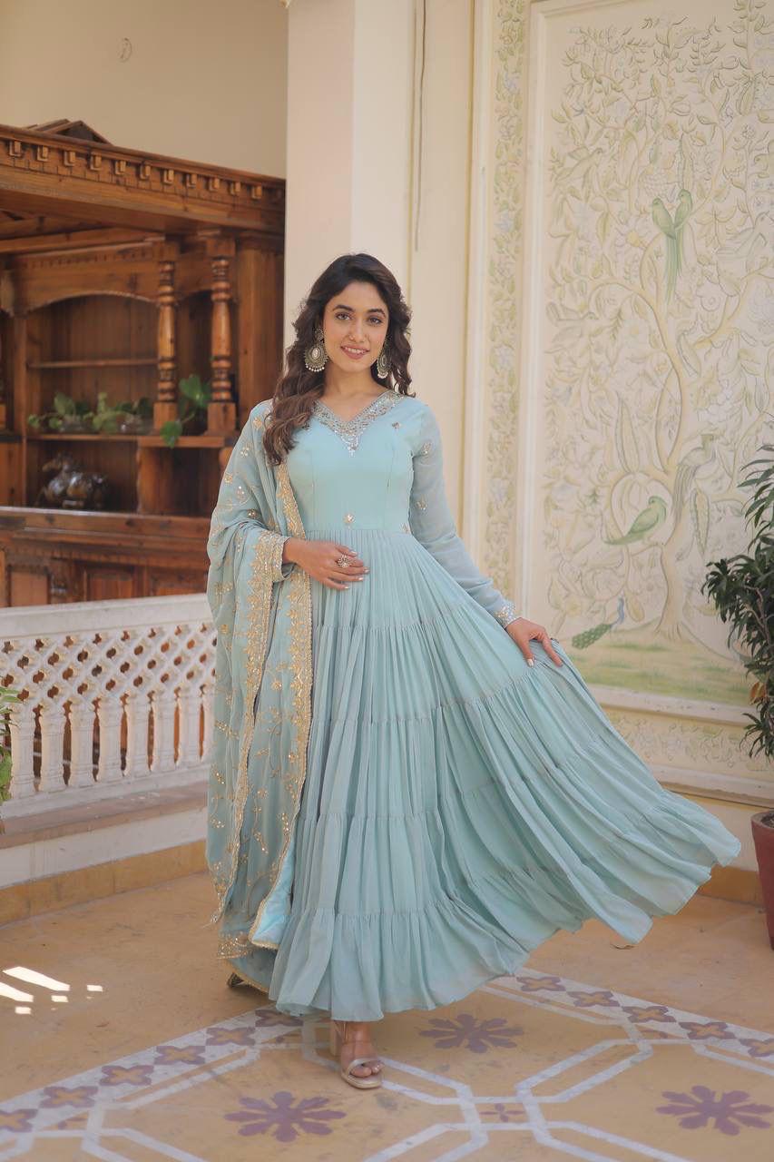 Wedding & Festive Ready Faux Georgette With Rich Sequins And Embroidered Work Gown & Dupatta Set