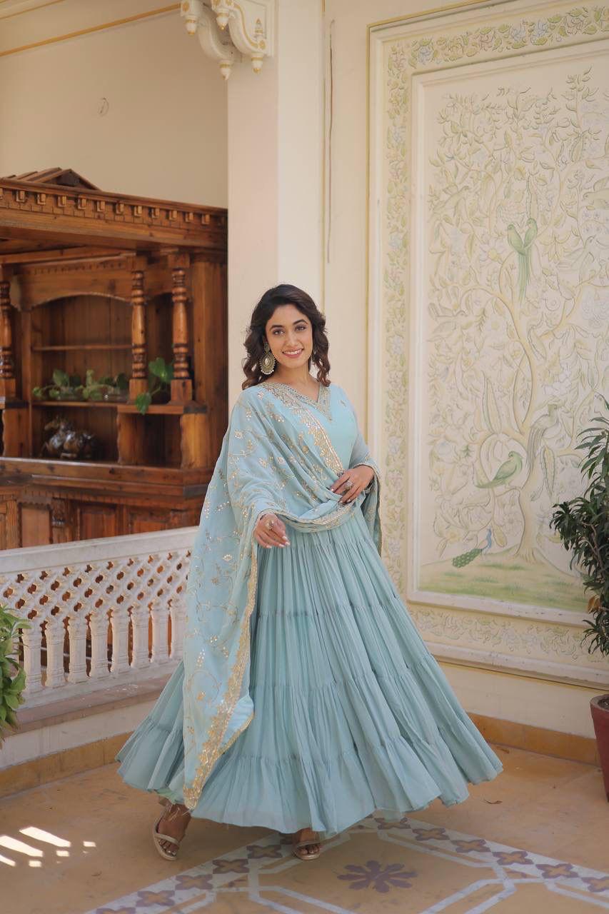 Wedding & Festive Ready Faux Georgette With Rich Sequins And Embroidered Work Gown & Dupatta Set