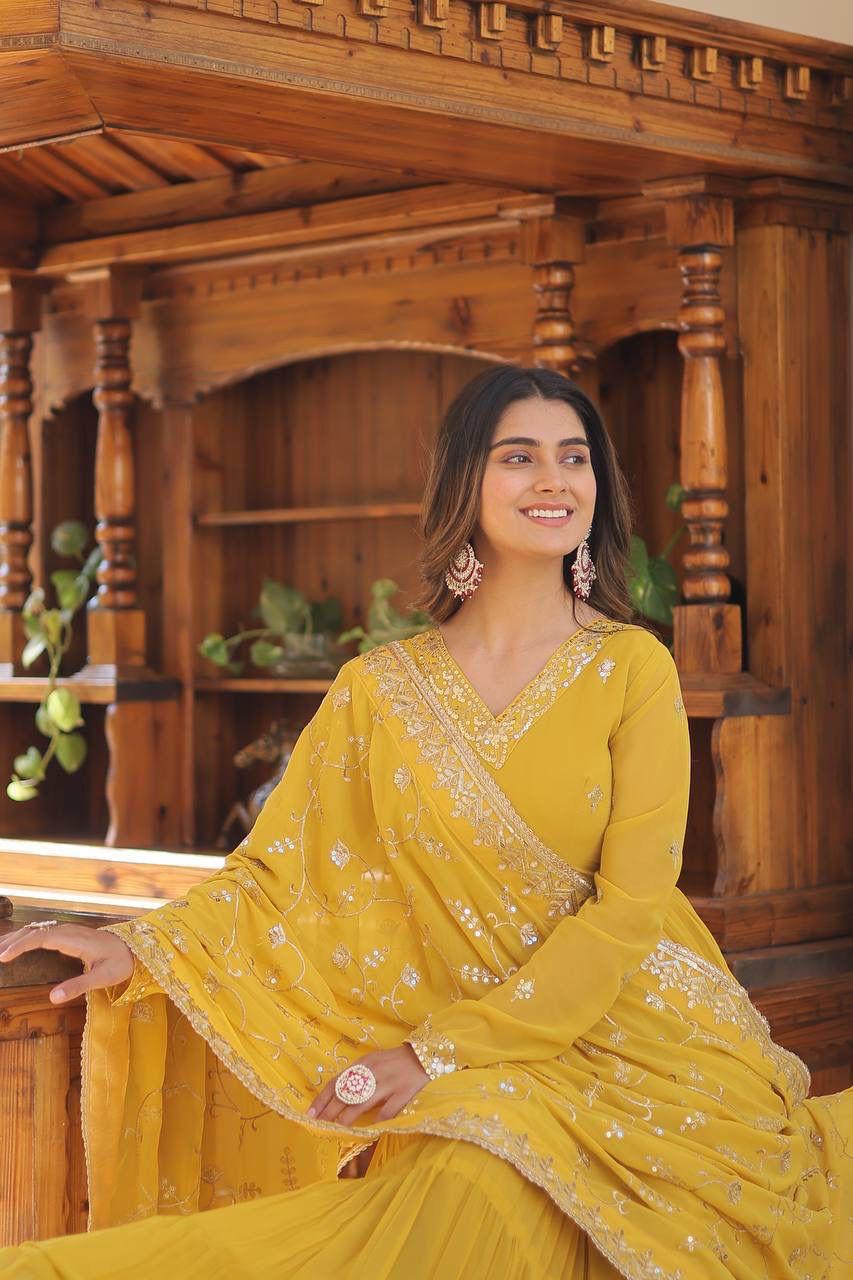 Wedding & Festive Ready Faux Georgette With Rich Sequins And Embroidered Work Gown & Dupatta Set